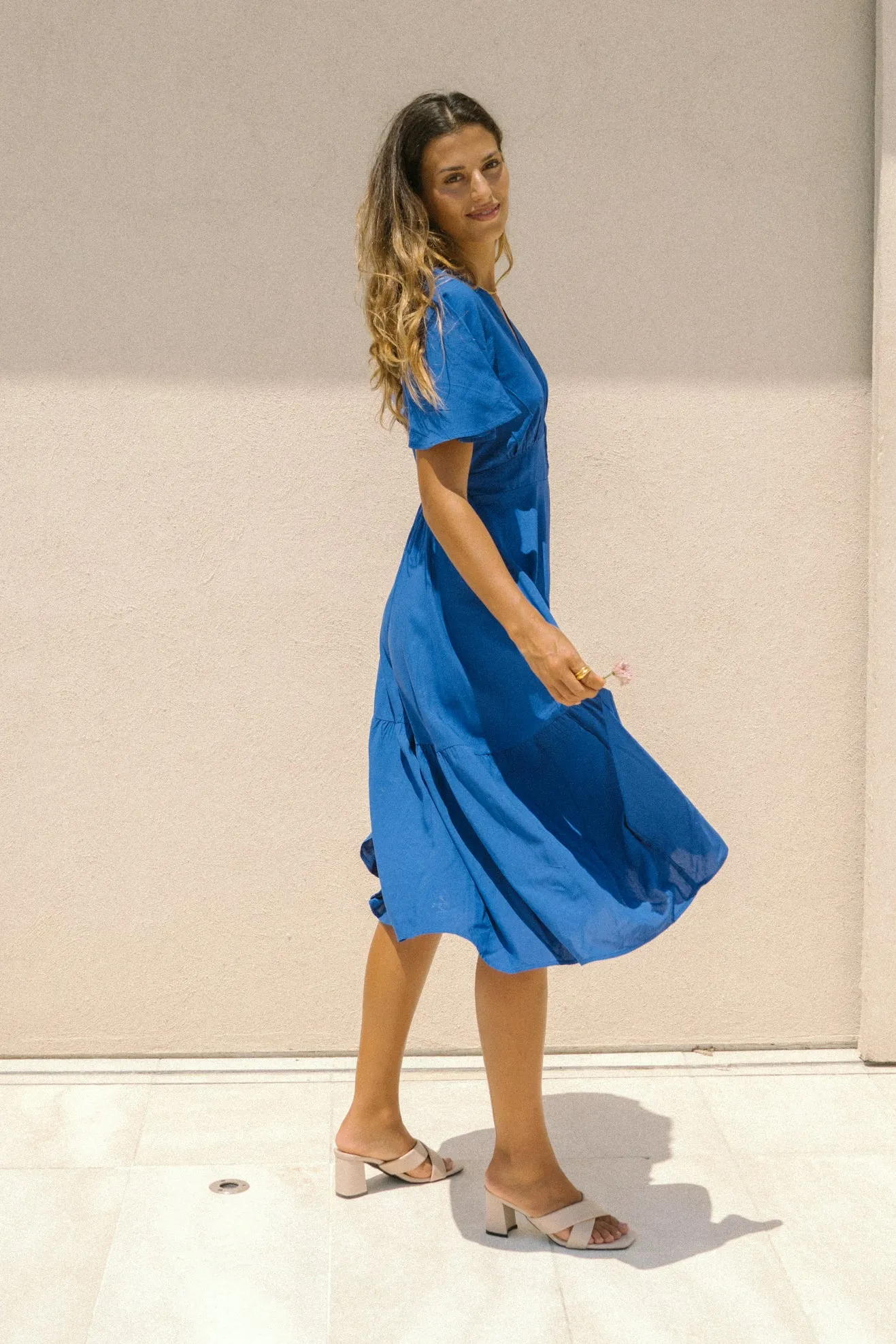 Elivia Blue Flared Sleeve Midi Dress