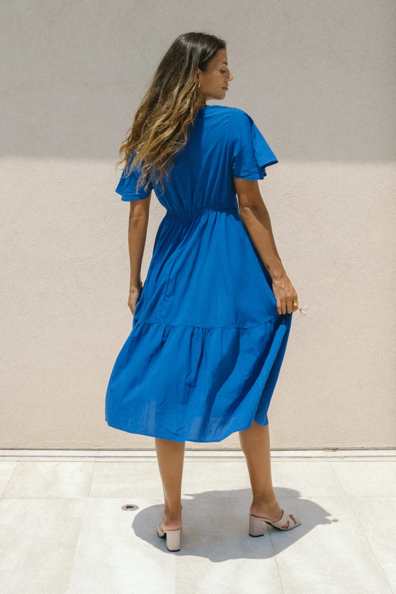 Elivia Blue Flared Sleeve Midi Dress