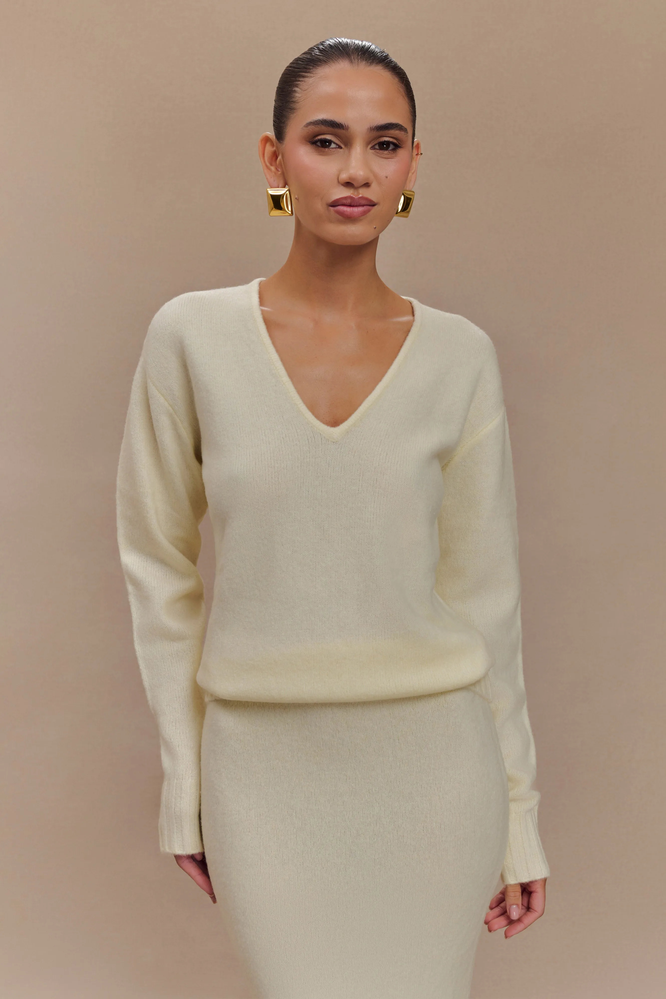 Ella V Neck Knit Jumper With Scarf - Ivory Marle