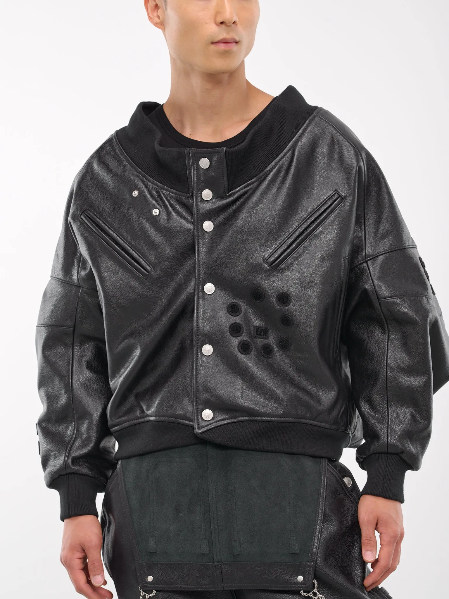 Embroidered Leather Bomber Jacket (MF24LBSB-JC3002-BLACK)