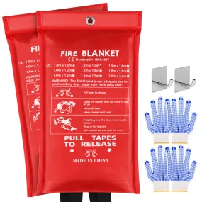 Emergency Fire Blanket for Home and Kitchen - 2 Pack 1.2m x 1.2m with Gloves and Hooks Flame Suppression Fiberglass Fire Blankets for House Camping Car Office Warehouse Emergency Survival Safety