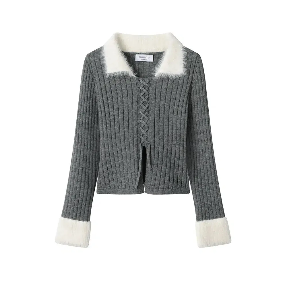 Faux Fur Collar Ribbed Knit Cardigan