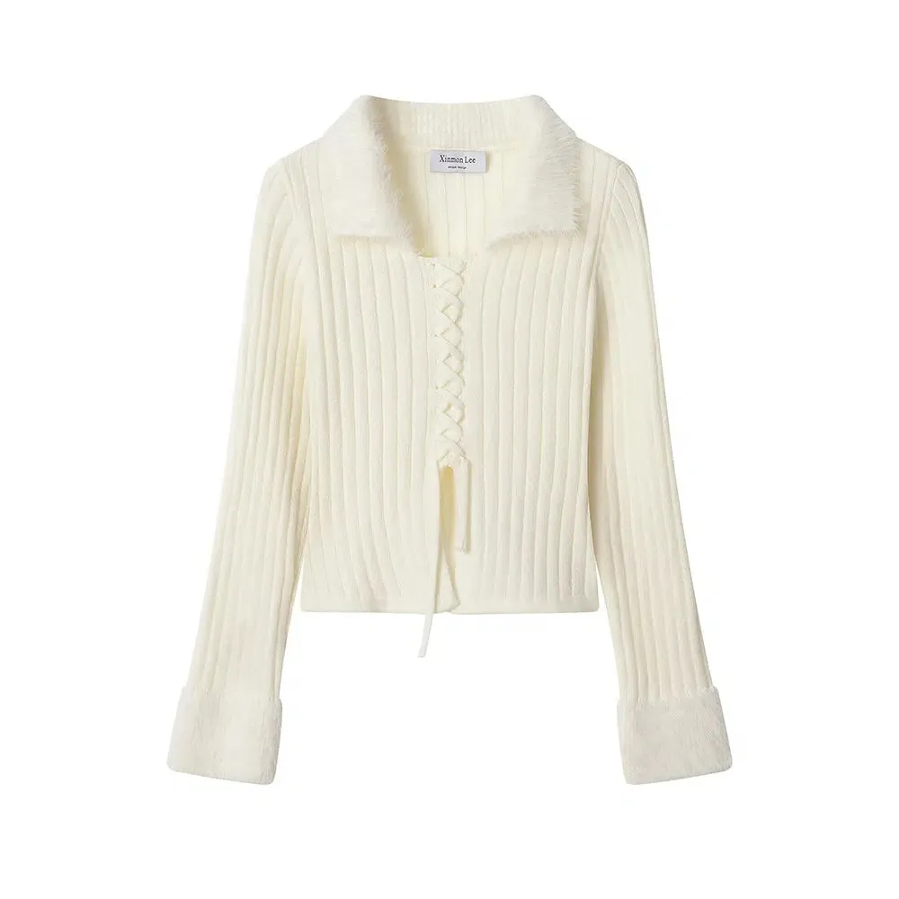 Faux Fur Collar Ribbed Knit Cardigan