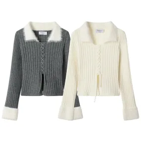 Faux Fur Collar Ribbed Knit Cardigan