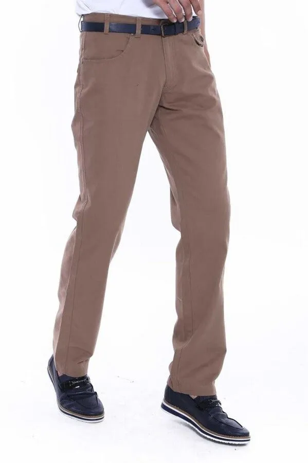 Flap Pockets Suede Slim Fit Light Brown Men Pants - Wessi