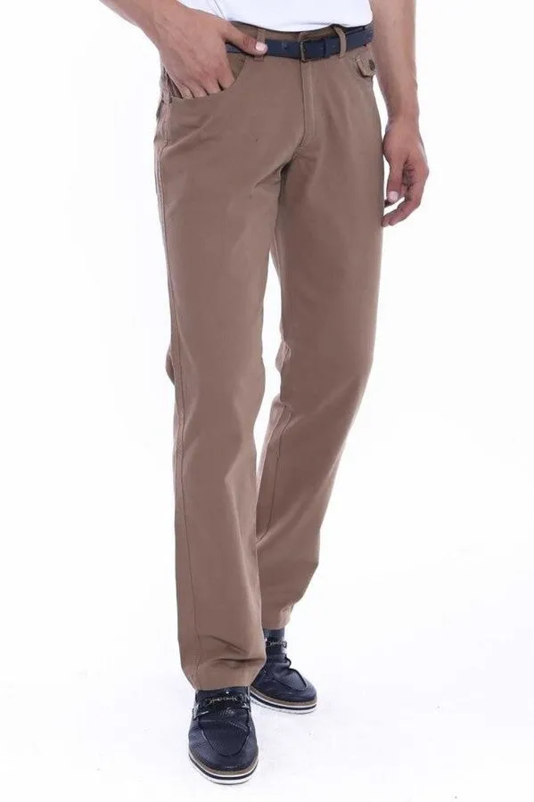 Flap Pockets Suede Slim Fit Light Brown Men Pants - Wessi