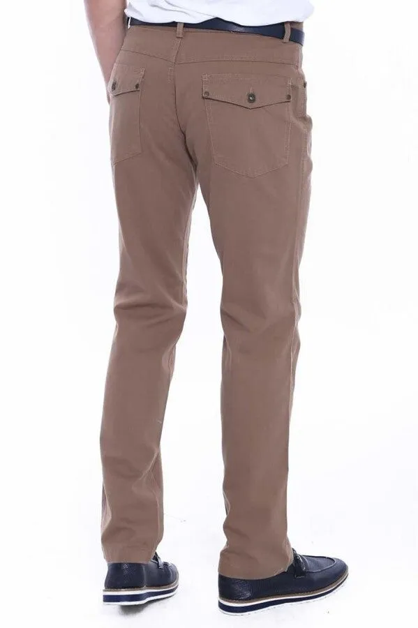 Flap Pockets Suede Slim Fit Light Brown Men Pants - Wessi