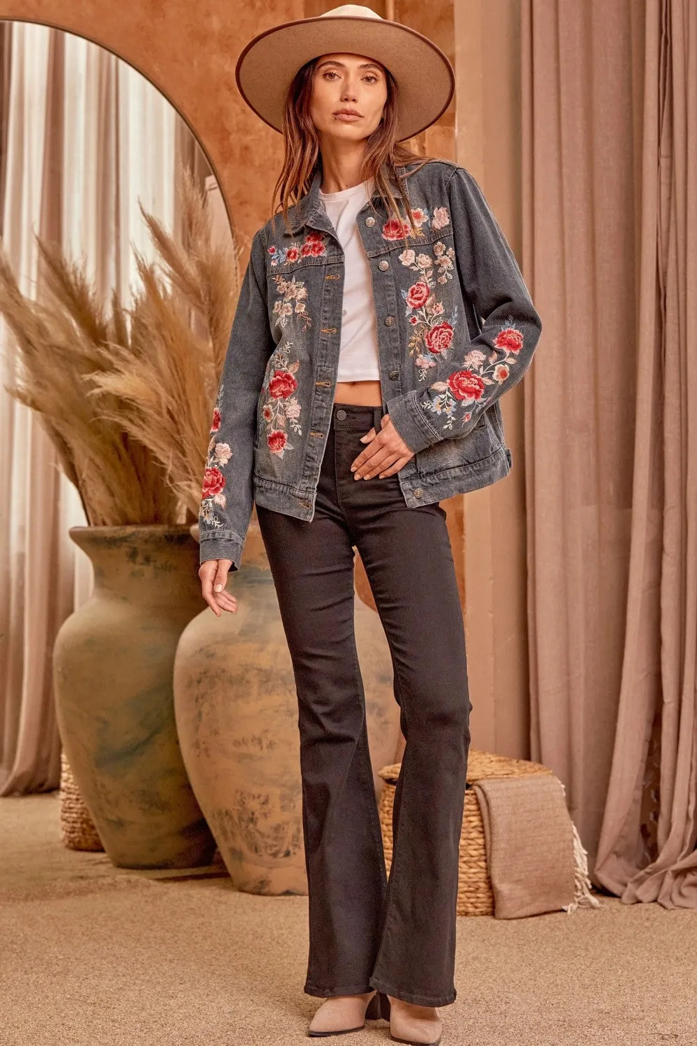 Floral Embroidered Denim Jacket, Charcoal