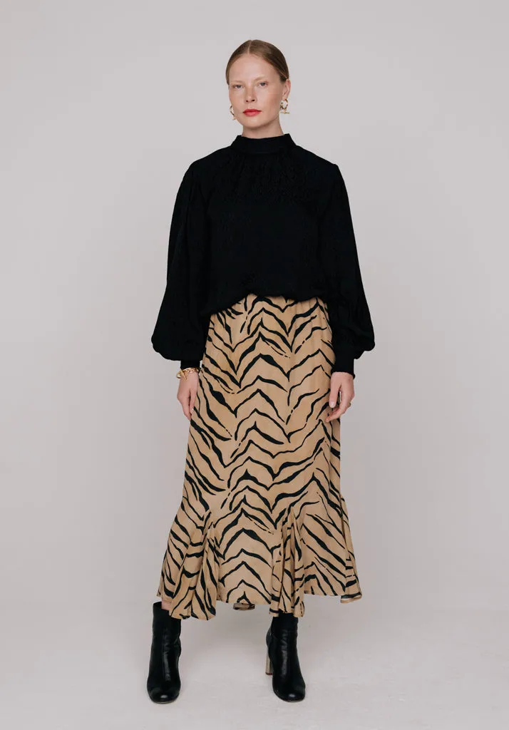 Ford Frill Detail Tiger Print Midi Skirt In Brown