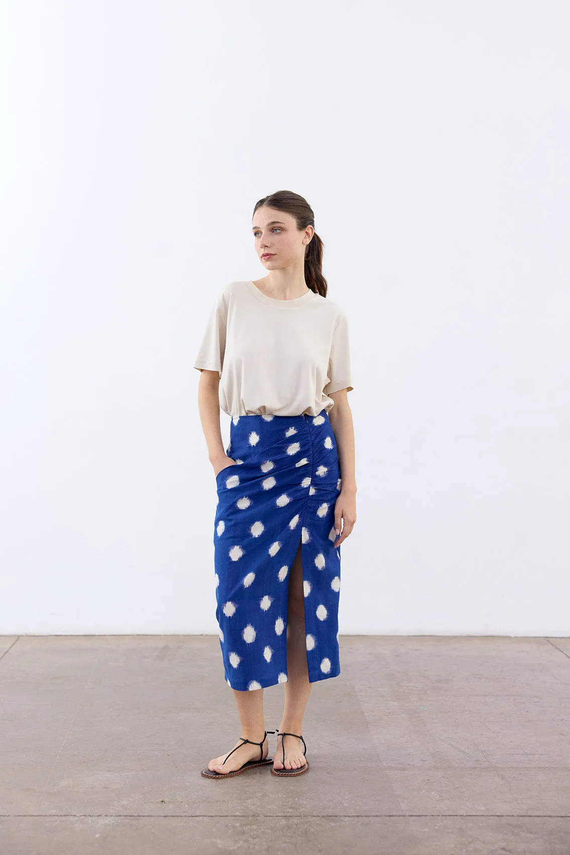 Gathered Pencil Skirt Ikat Cotton - Cobalto