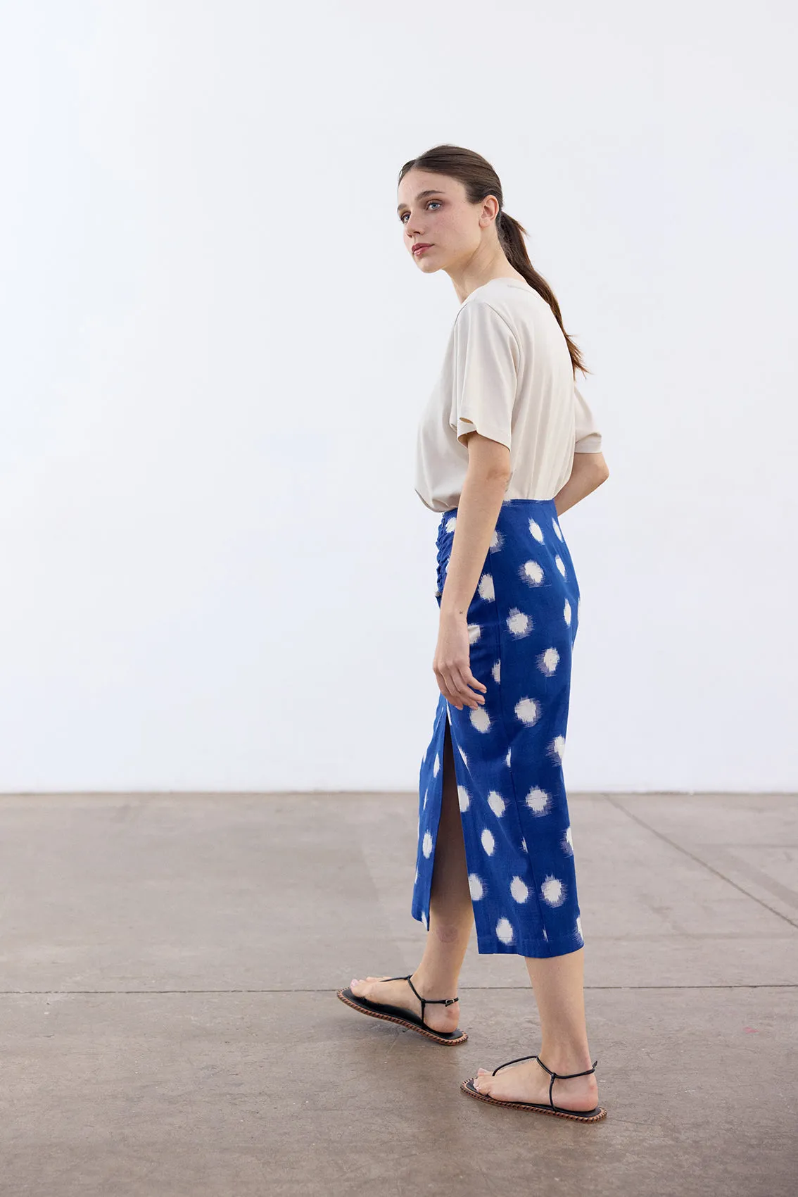 Gathered Pencil Skirt Ikat Cotton - Cobalto