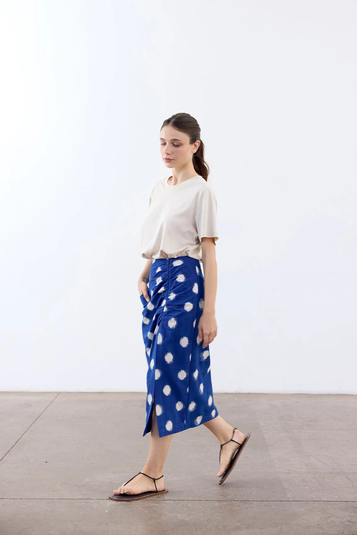 Gathered Pencil Skirt Ikat Cotton - Cobalto