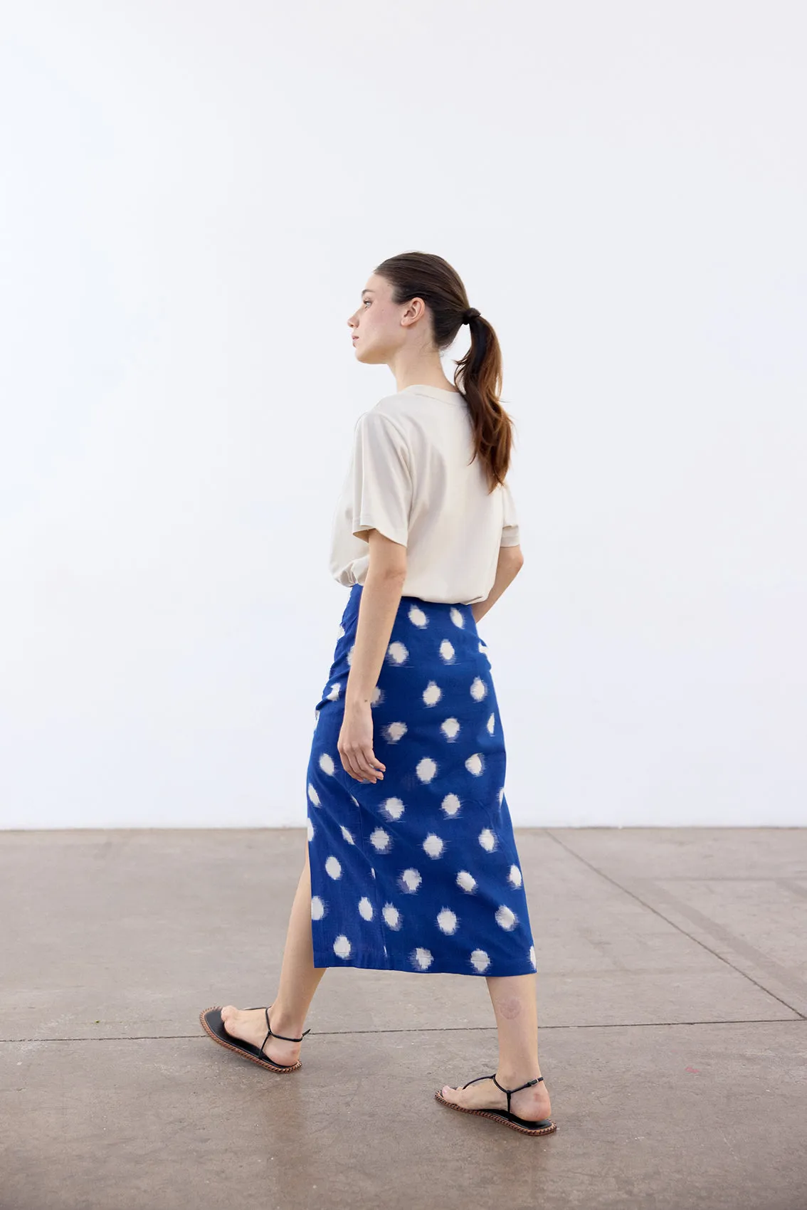 Gathered Pencil Skirt Ikat Cotton - Cobalto