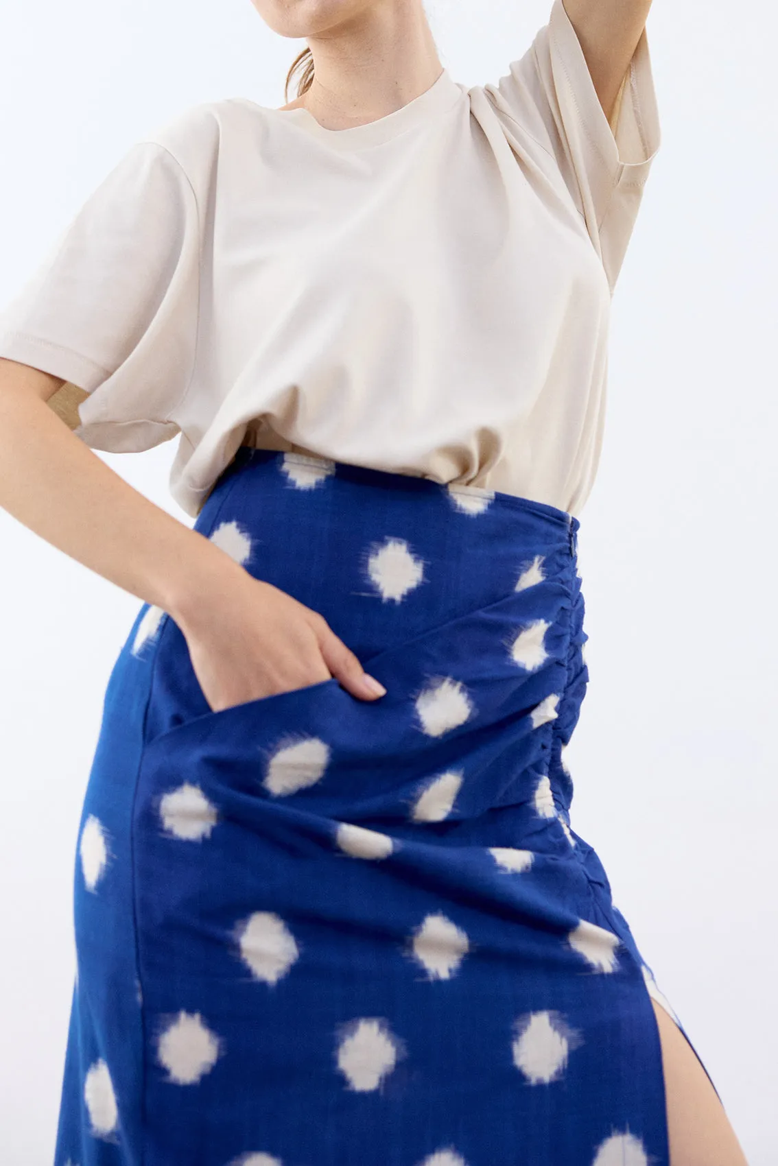 Gathered Pencil Skirt Ikat Cotton - Cobalto