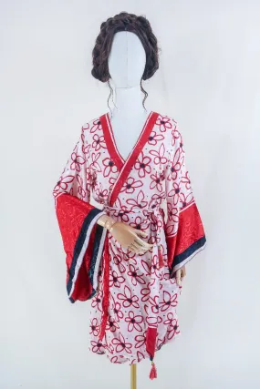 Gemini Kimono - Salt White & Red Floral - Vintage Indian Sari - Size M/L