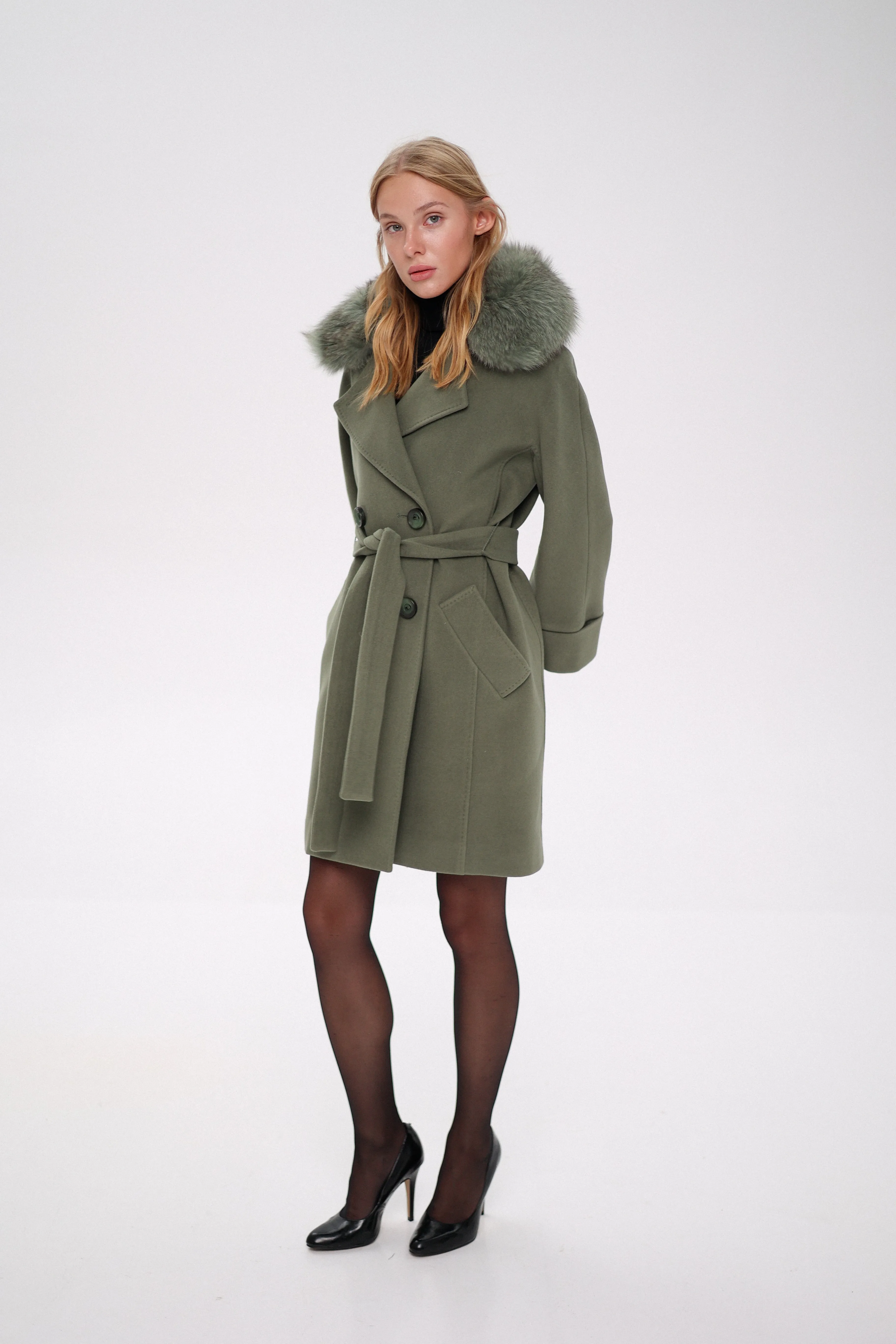 Genuine Polar Fox Tailored Cashmere Wool Coat