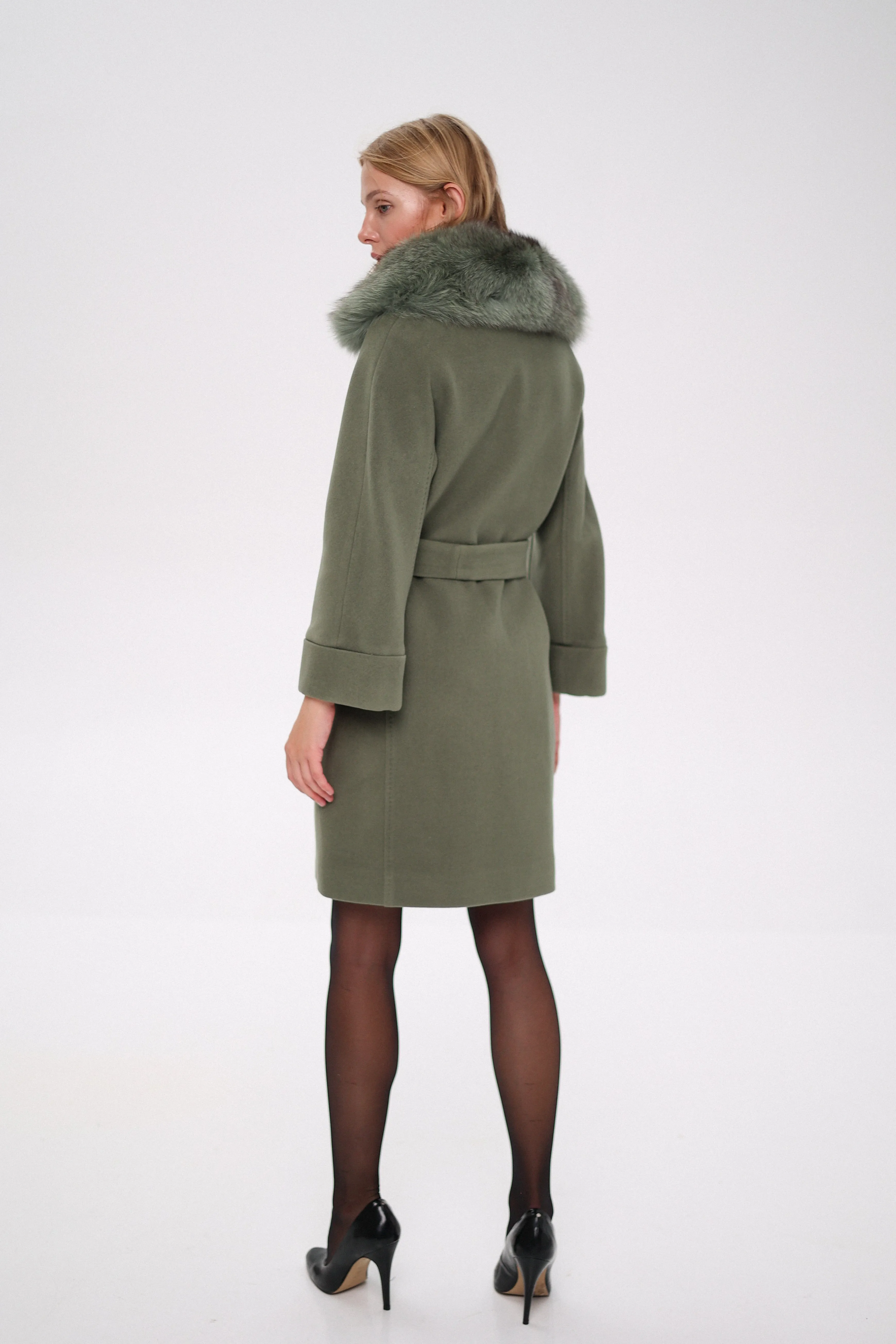 Genuine Polar Fox Tailored Cashmere Wool Coat