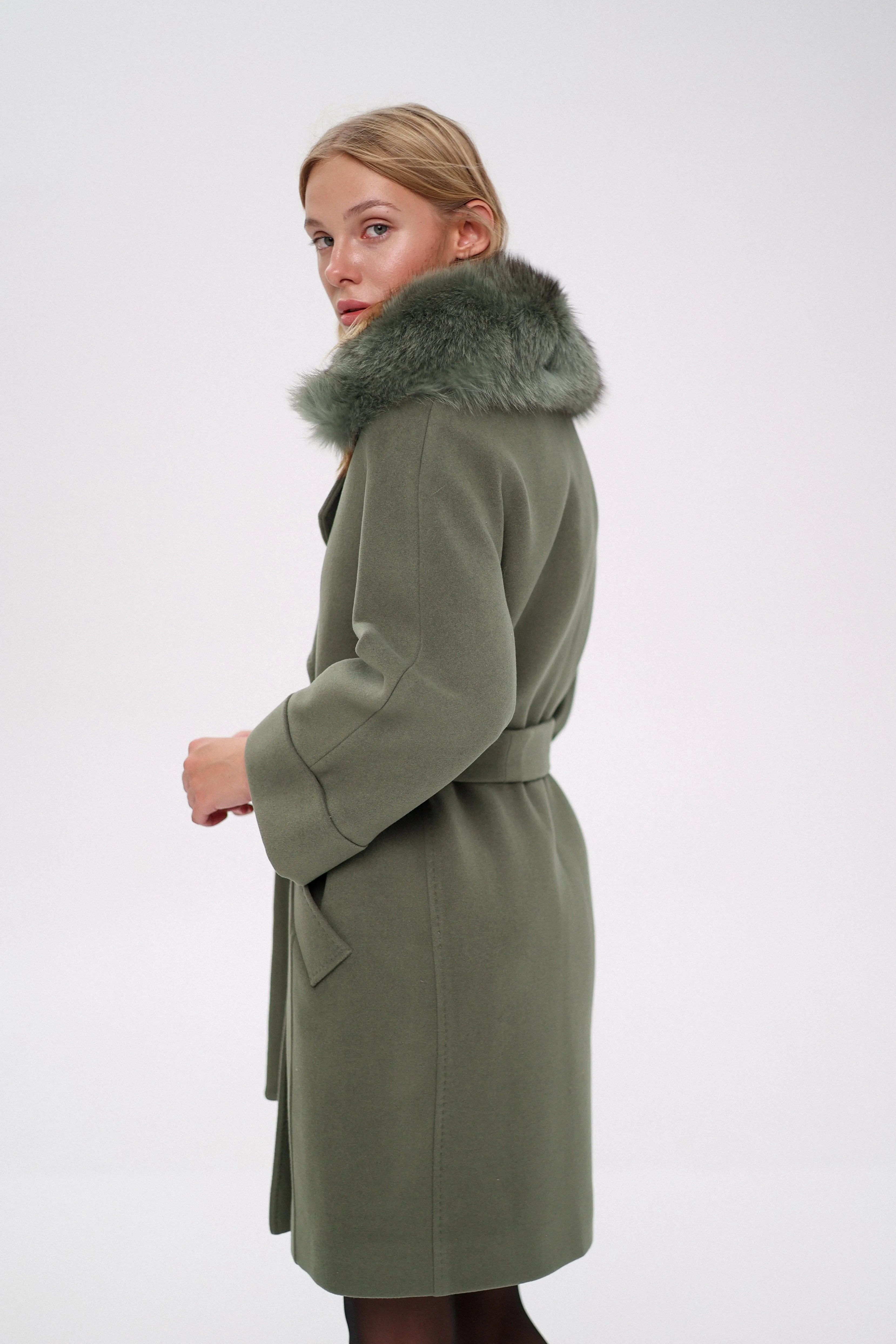 Genuine Polar Fox Tailored Cashmere Wool Coat