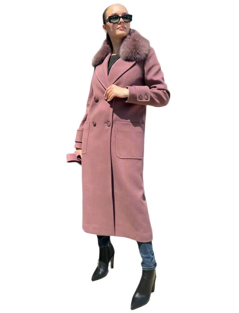 Genuine Polar Fox Tailored Cashmere Wool Coat