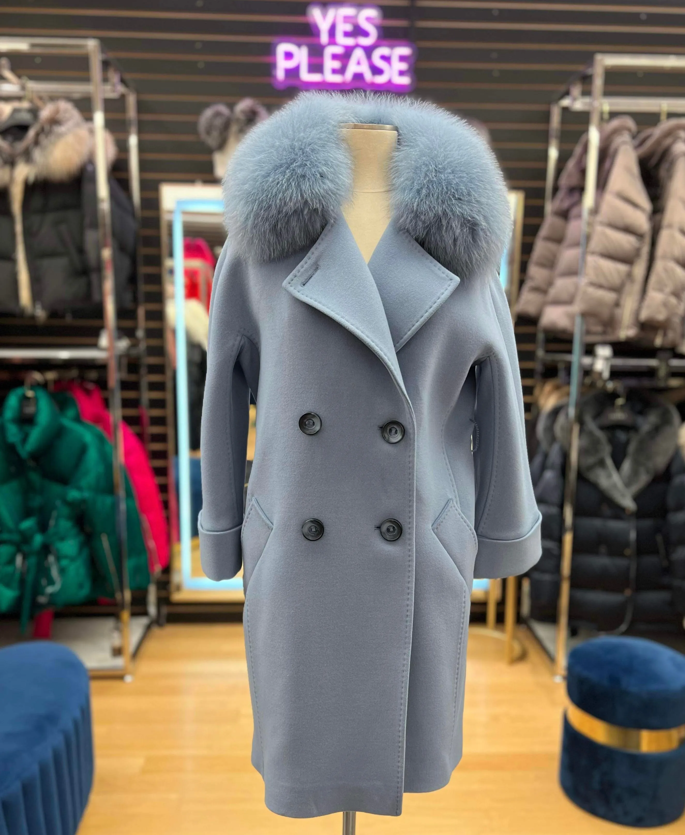 Genuine Polar Fox Tailored Cashmere Wool Coat