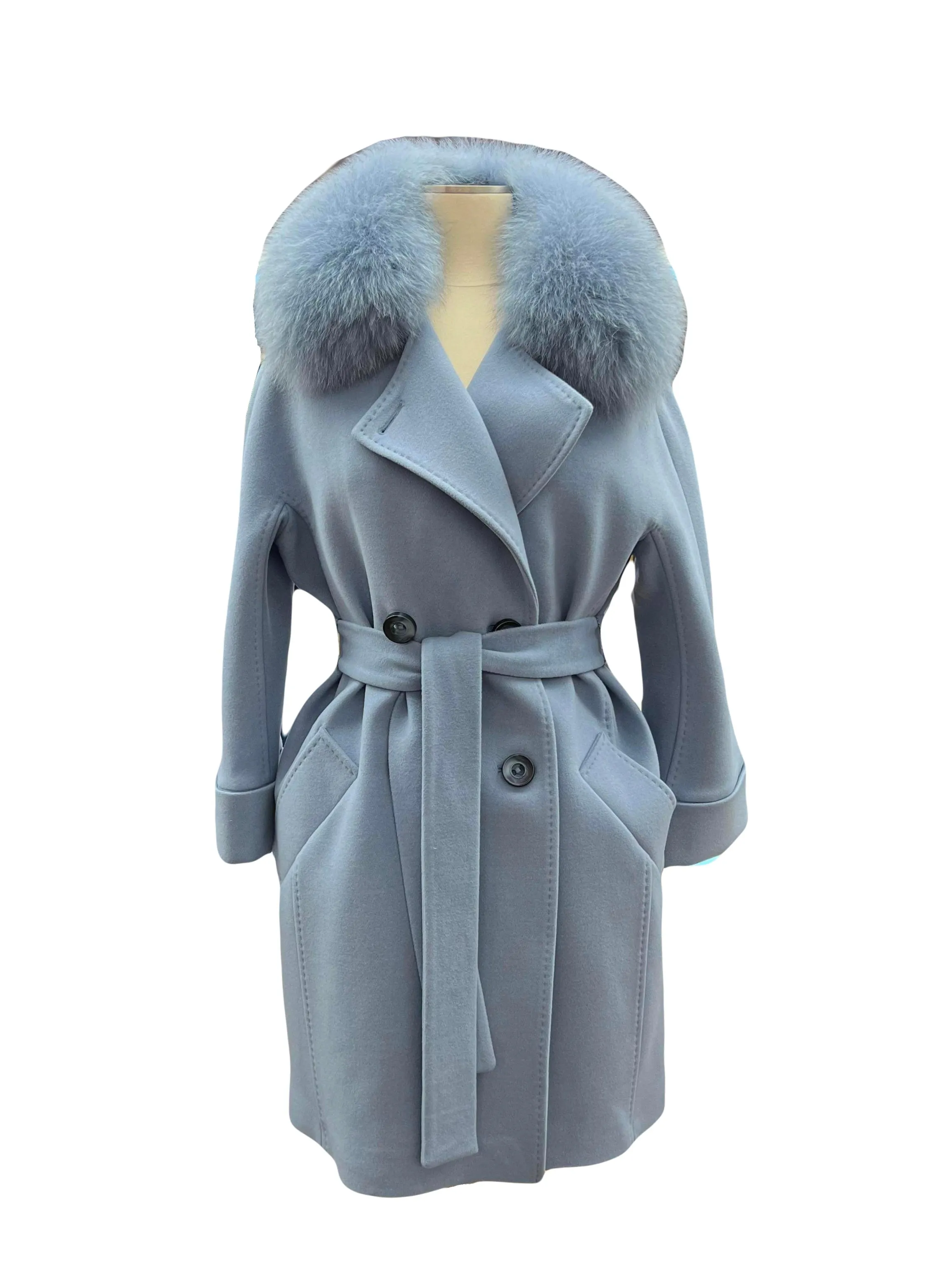 Genuine Polar Fox Tailored Cashmere Wool Coat