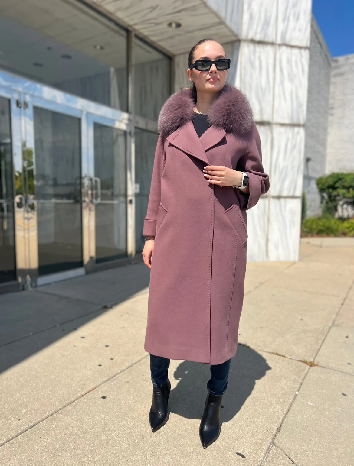 Genuine Polar Fox Tailored Cashmere Wool Coat