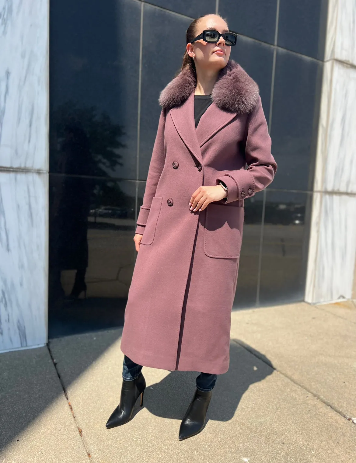 Genuine Polar Fox Tailored Cashmere Wool Coat