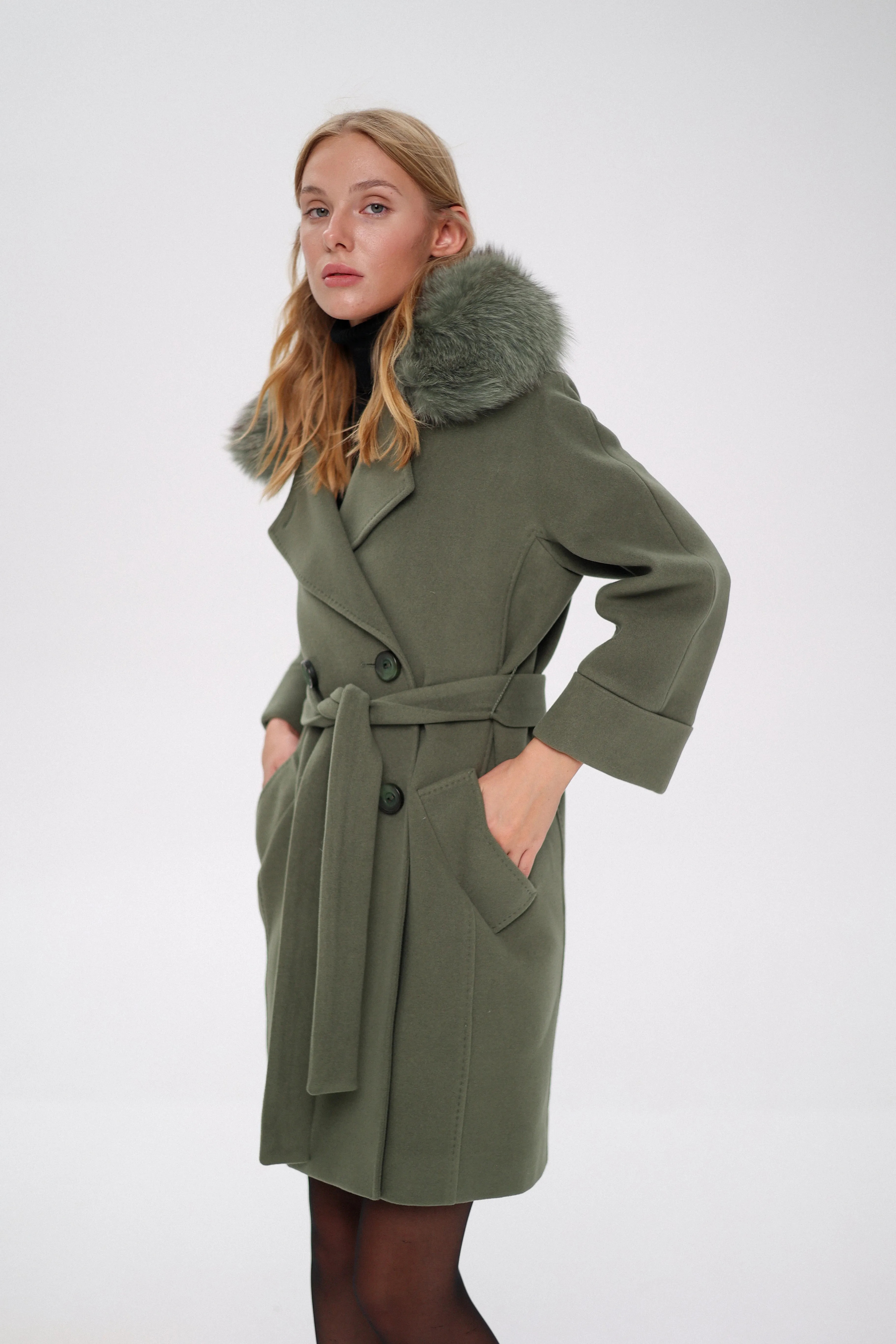 Genuine Polar Fox Tailored Cashmere Wool Coat