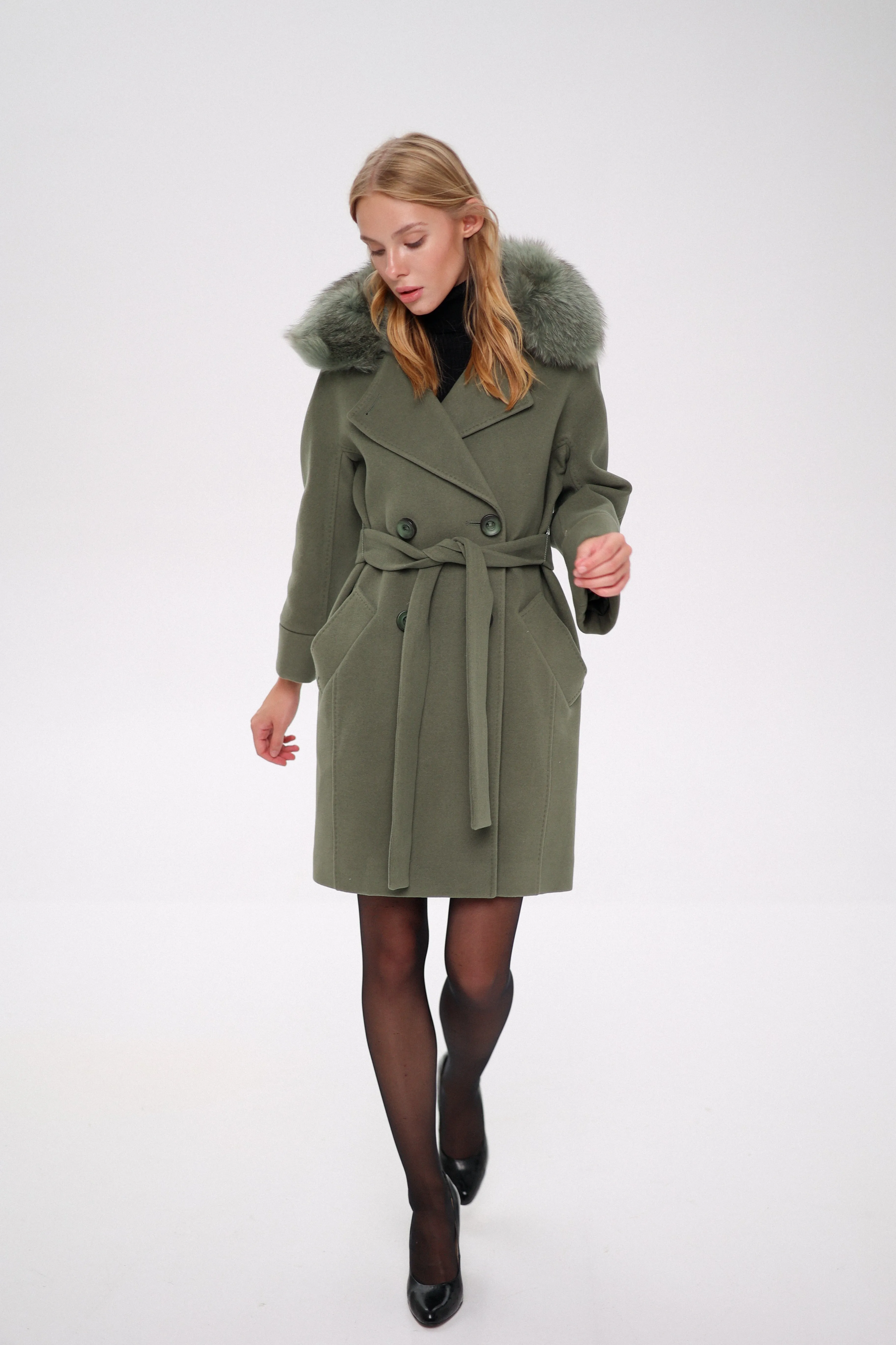 Genuine Polar Fox Tailored Cashmere Wool Coat