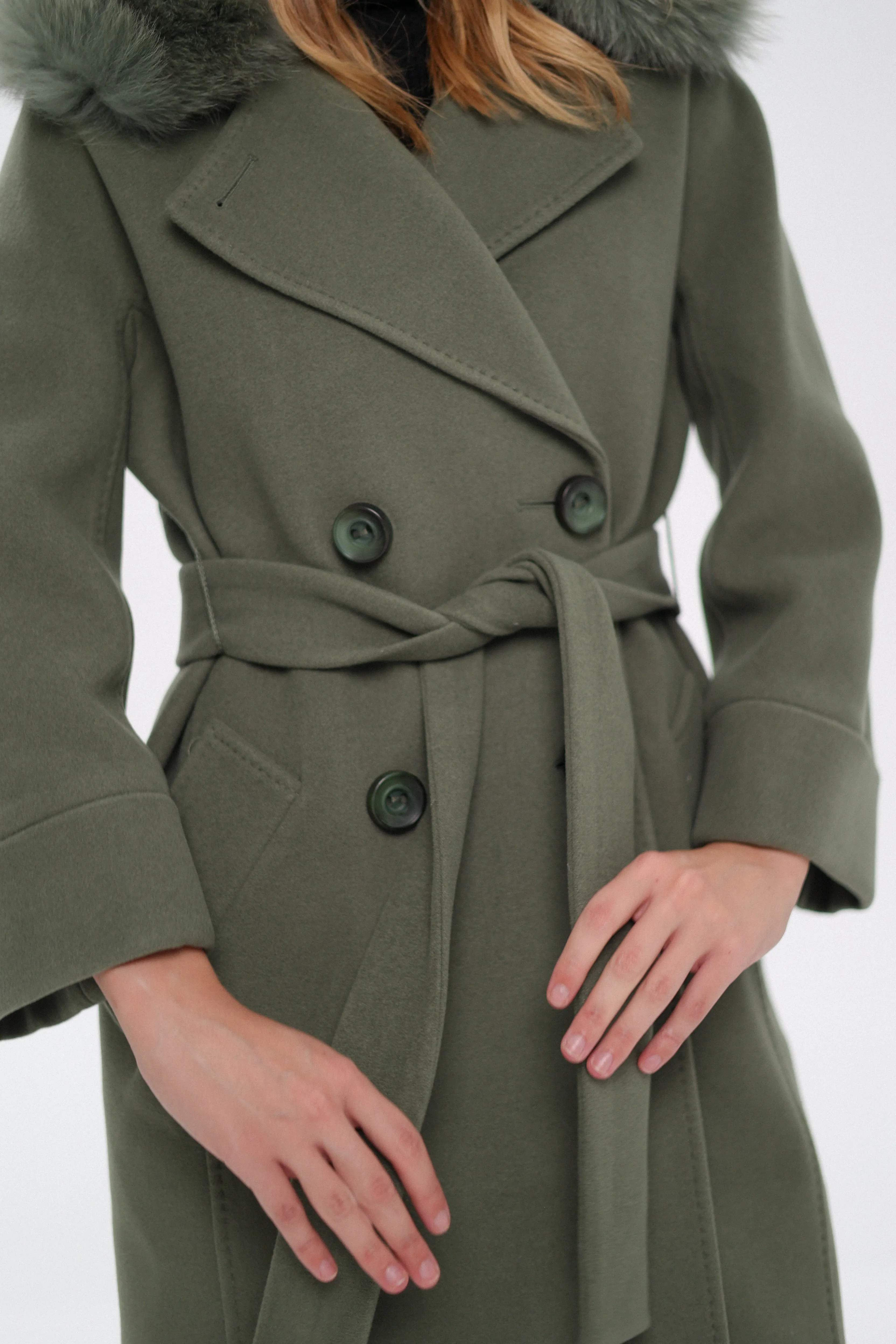 Genuine Polar Fox Tailored Cashmere Wool Coat