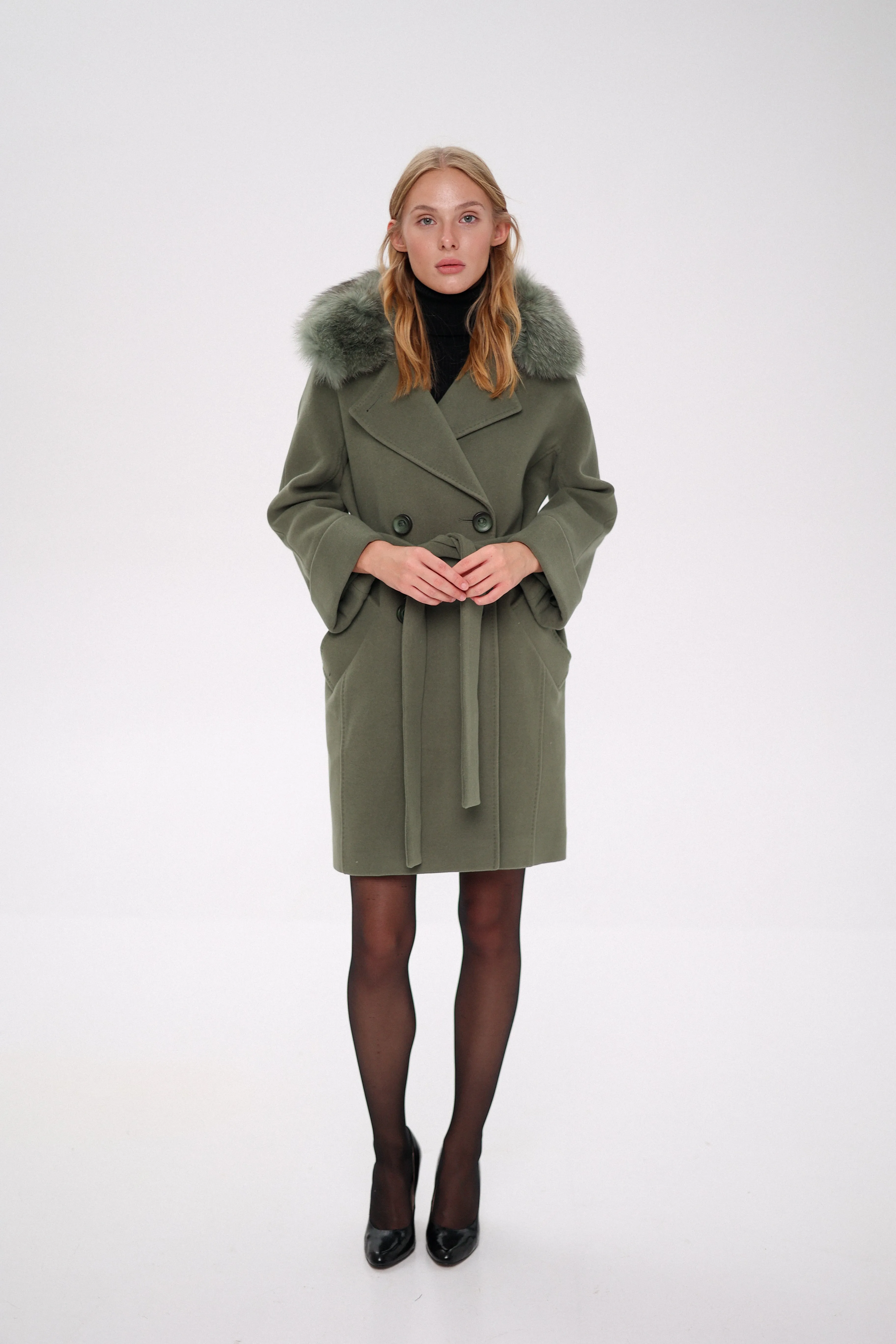 Genuine Polar Fox Tailored Cashmere Wool Coat