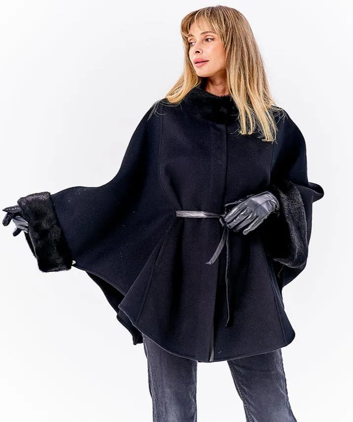 Genuine Scandinavian Mink Fur Double Face Wool Poncho