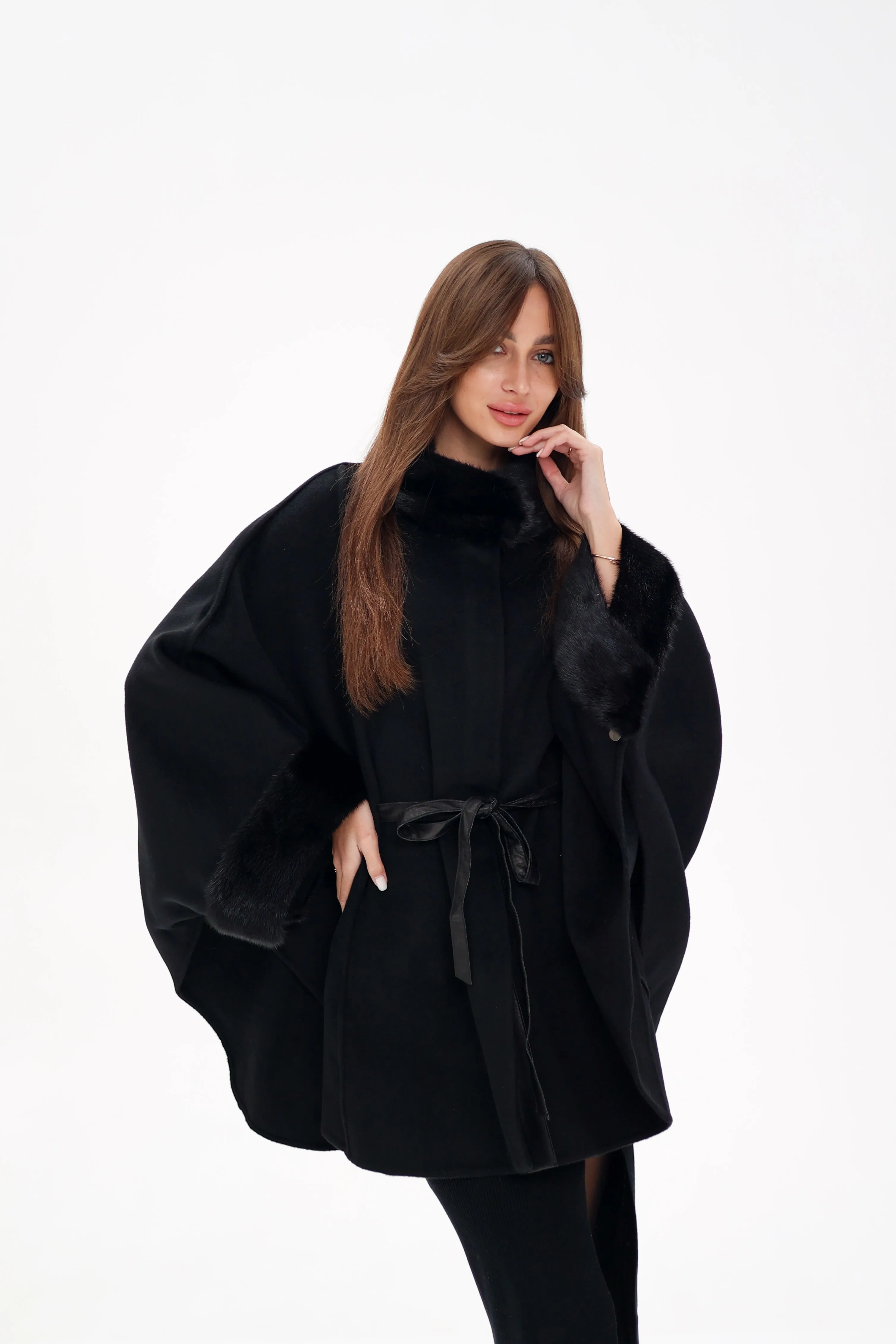 Genuine Scandinavian Mink Fur Double Face Wool Poncho