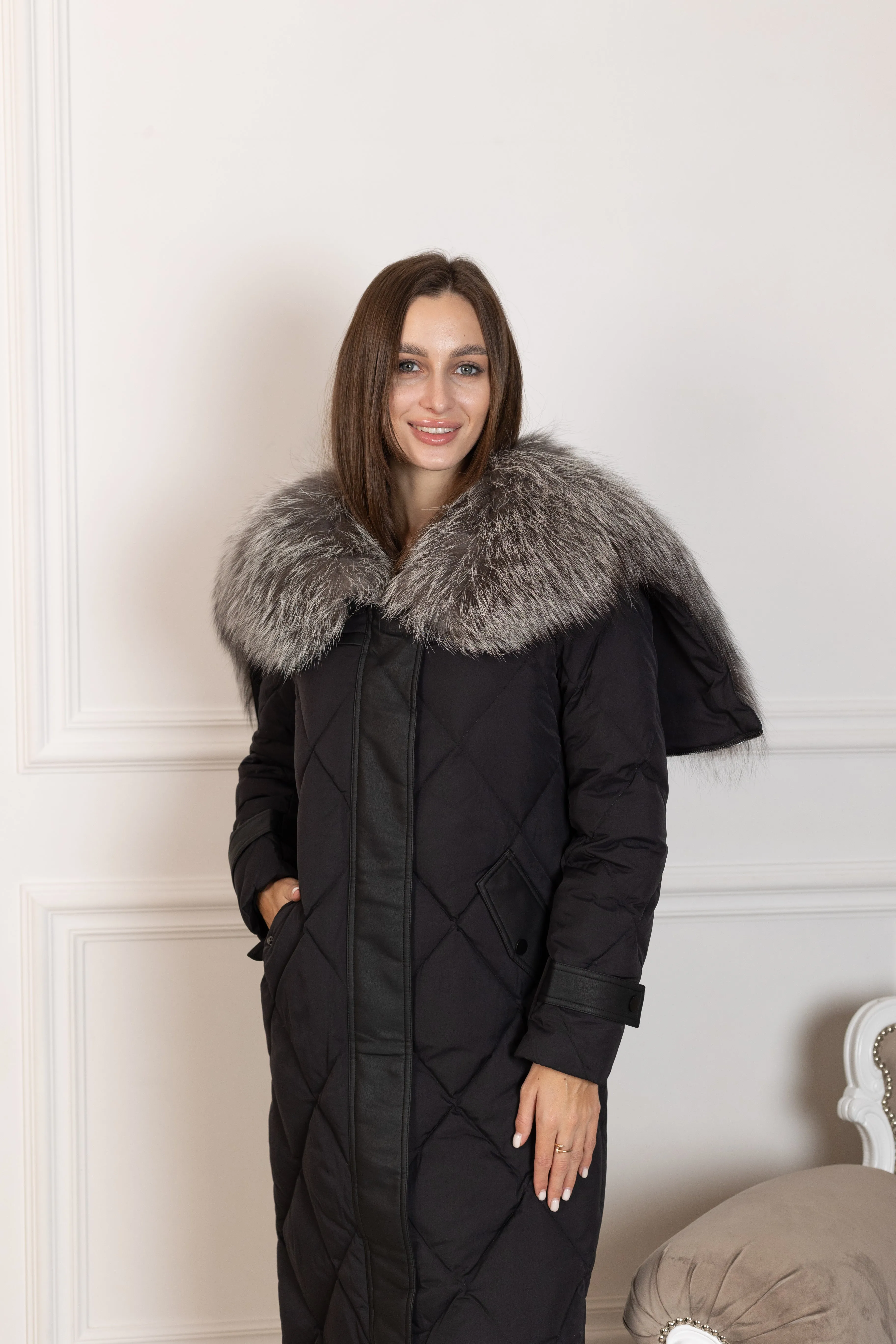 Genuine Silver Fox Fur Collar-Hood Down Winter Coat