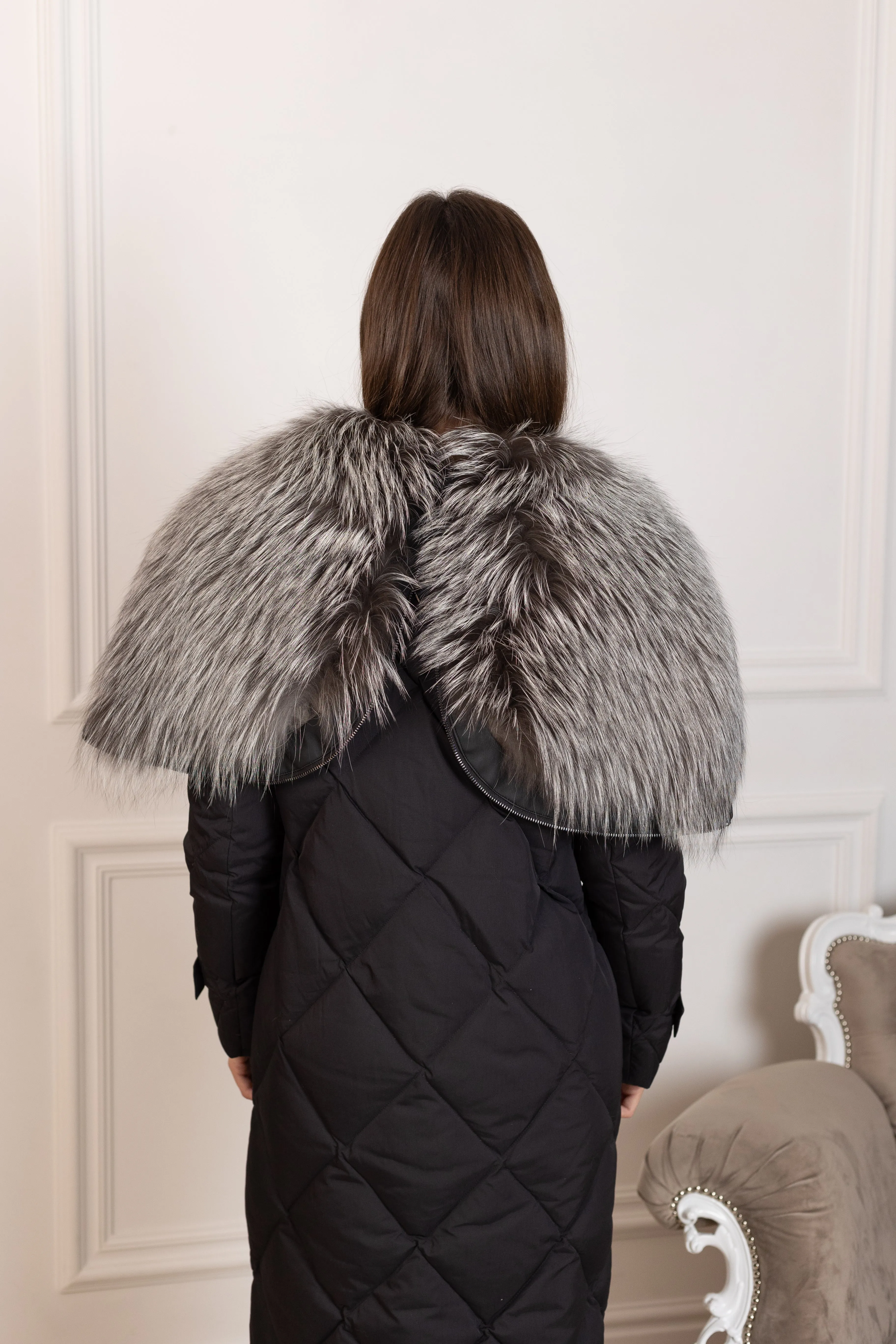 Genuine Silver Fox Fur Collar-Hood Down Winter Coat