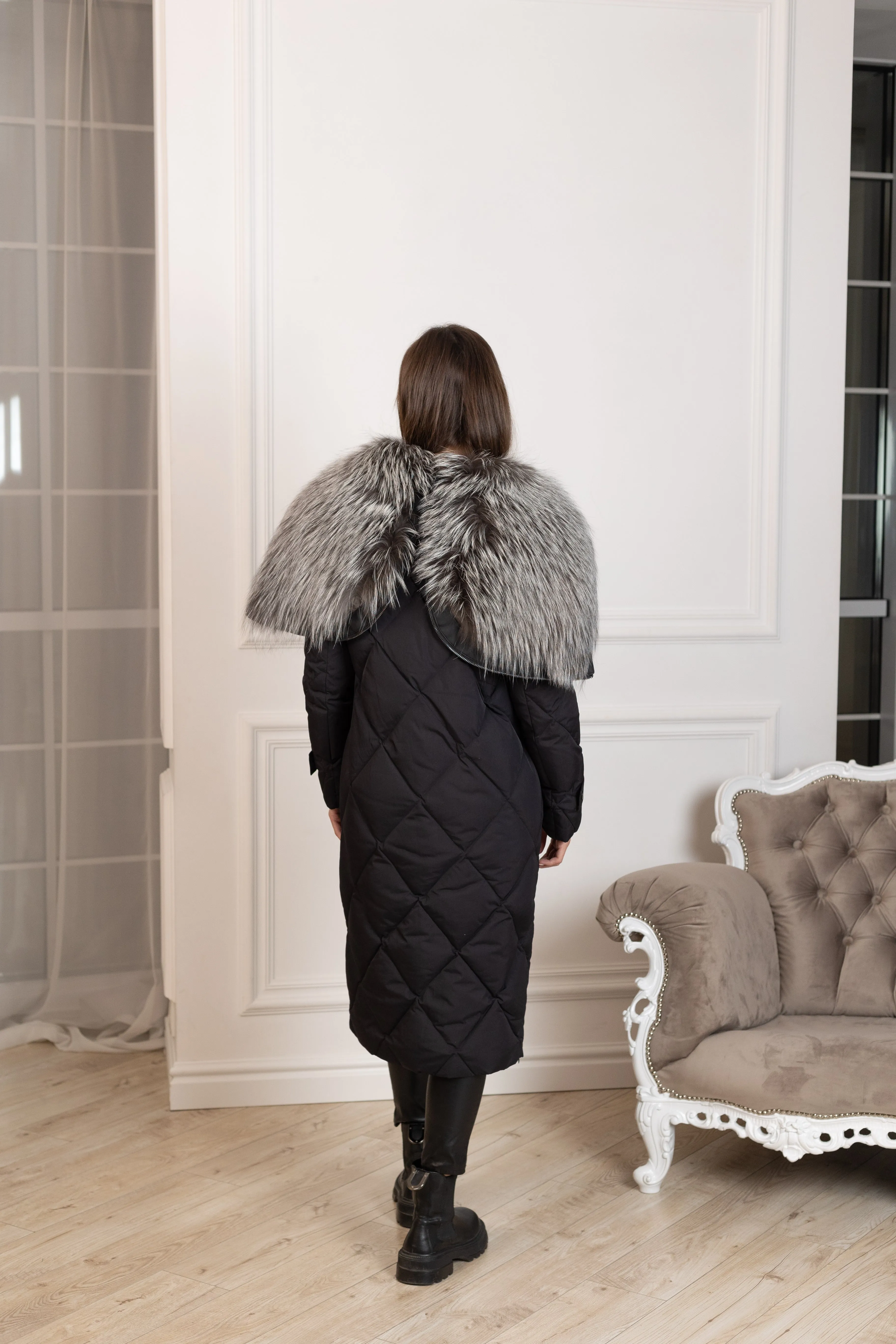 Genuine Silver Fox Fur Collar-Hood Down Winter Coat