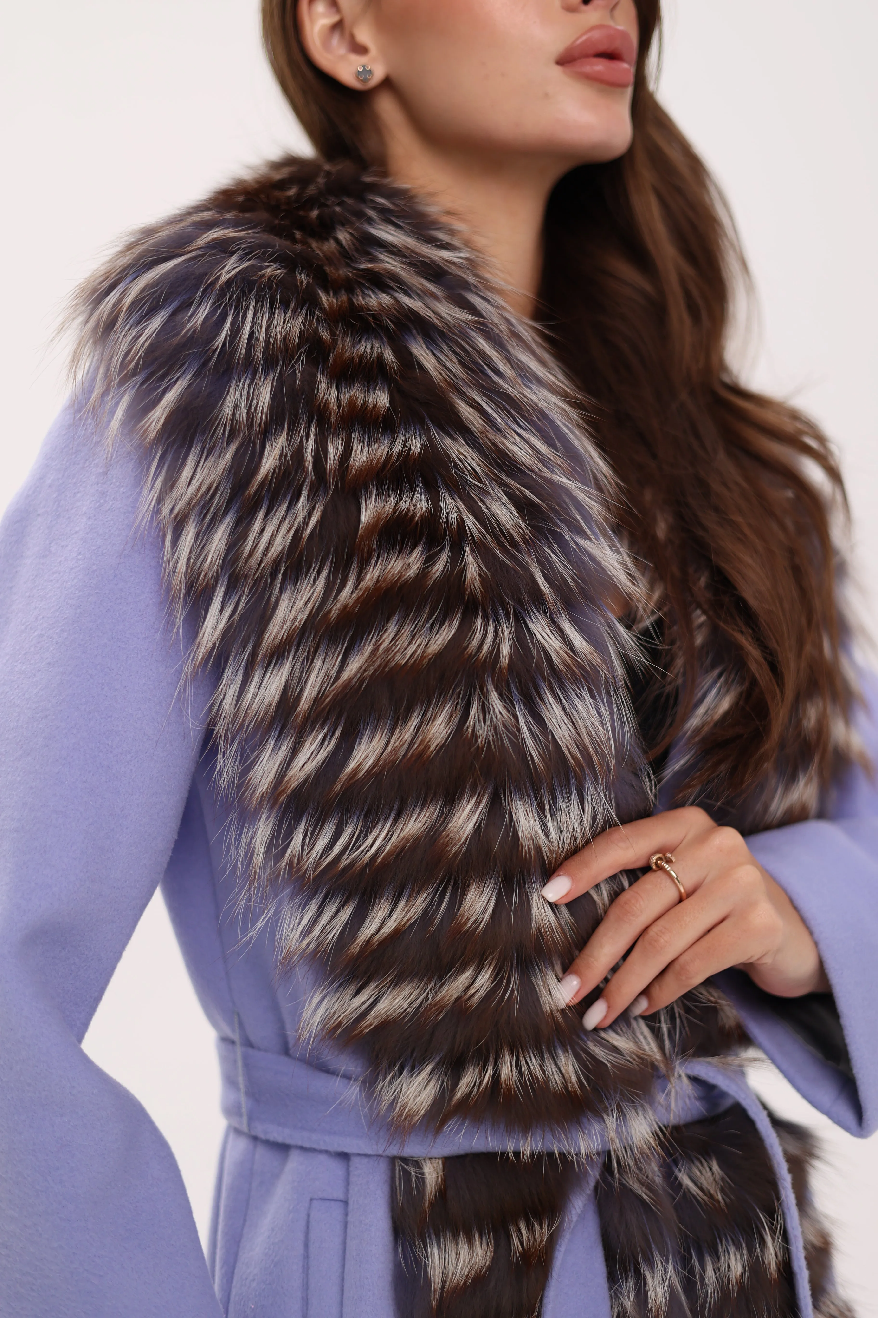 Genuine Silver Fox Virgin Wool Wrap Coat in Lavender