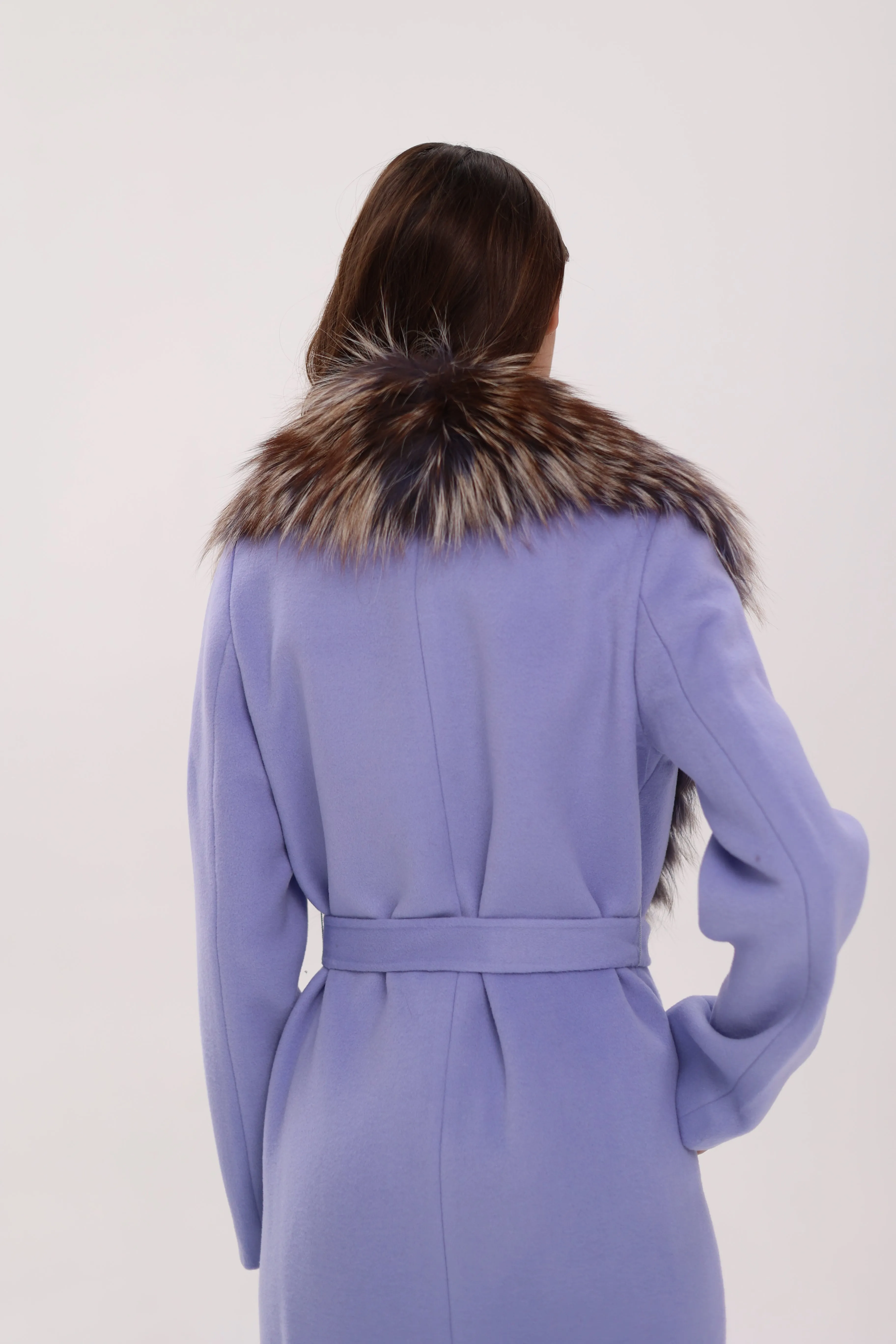 Genuine Silver Fox Virgin Wool Wrap Coat in Lavender