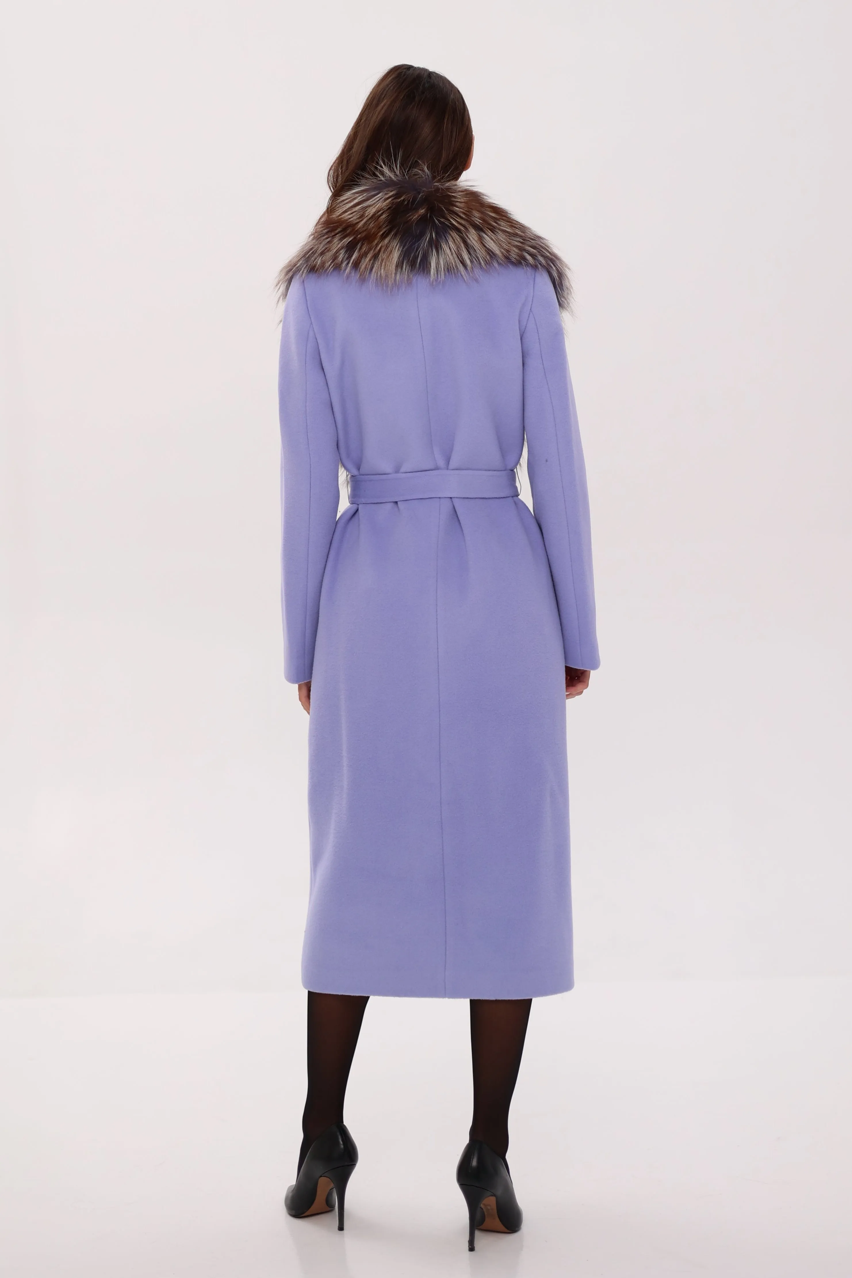 Genuine Silver Fox Virgin Wool Wrap Coat in Lavender