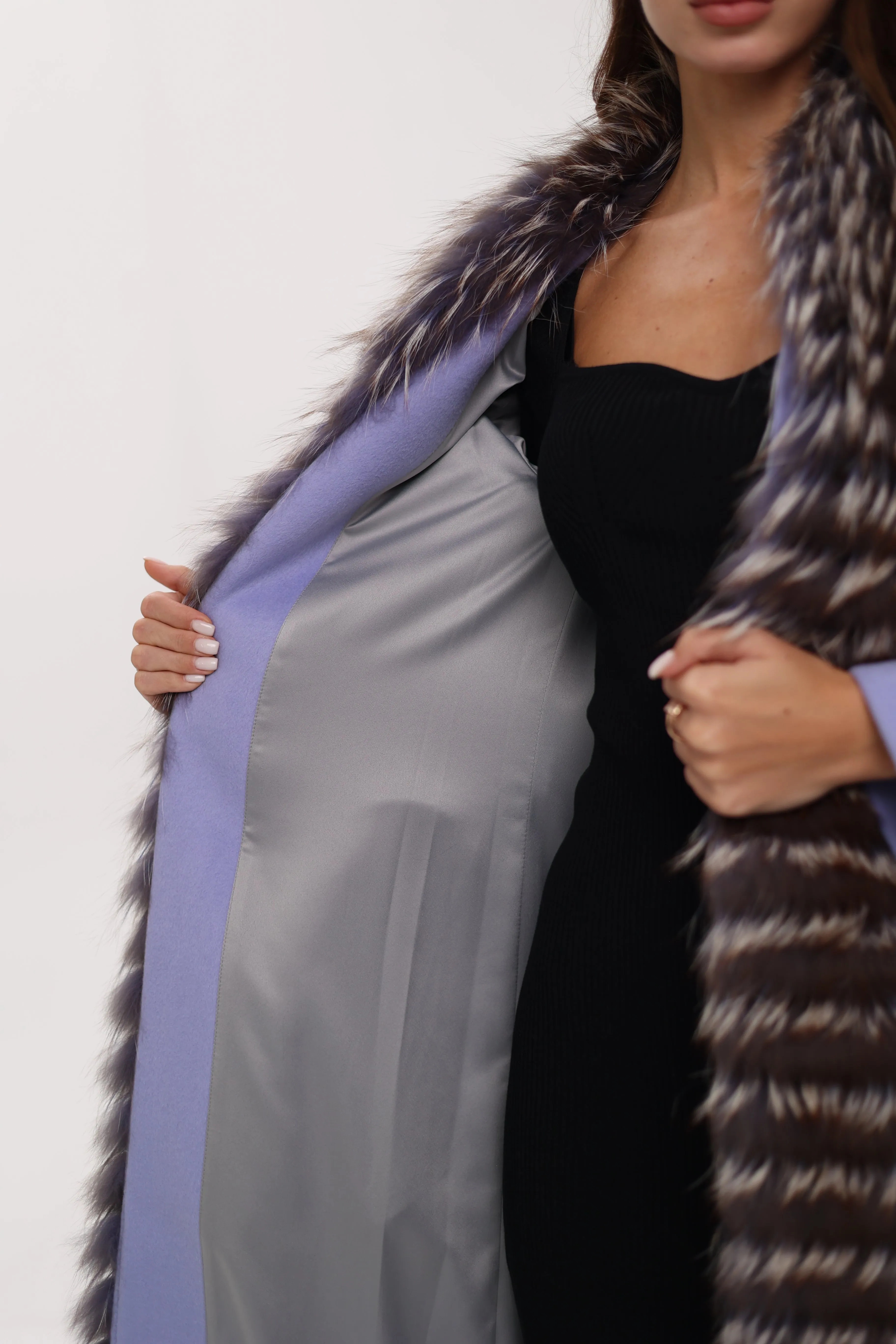 Genuine Silver Fox Virgin Wool Wrap Coat in Lavender