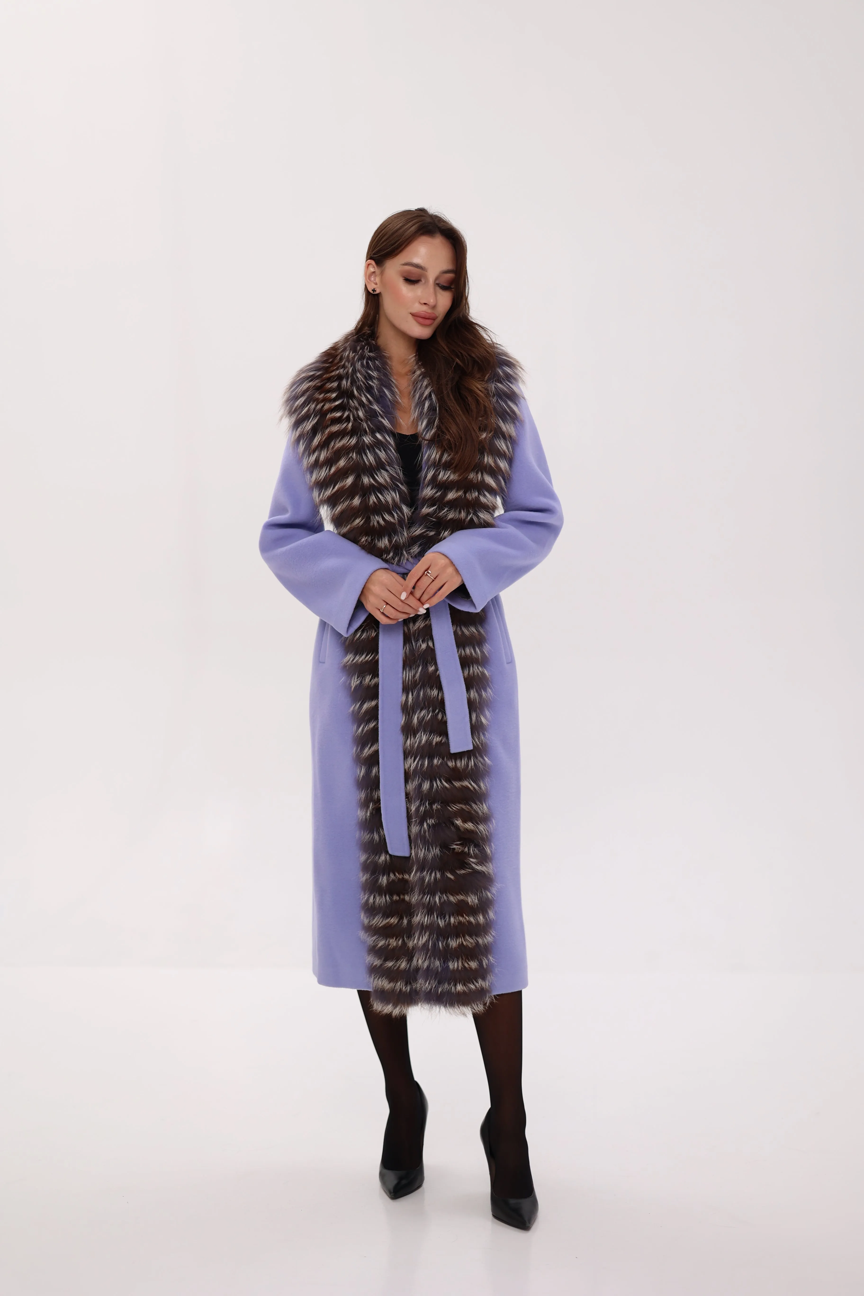 Genuine Silver Fox Virgin Wool Wrap Coat in Lavender