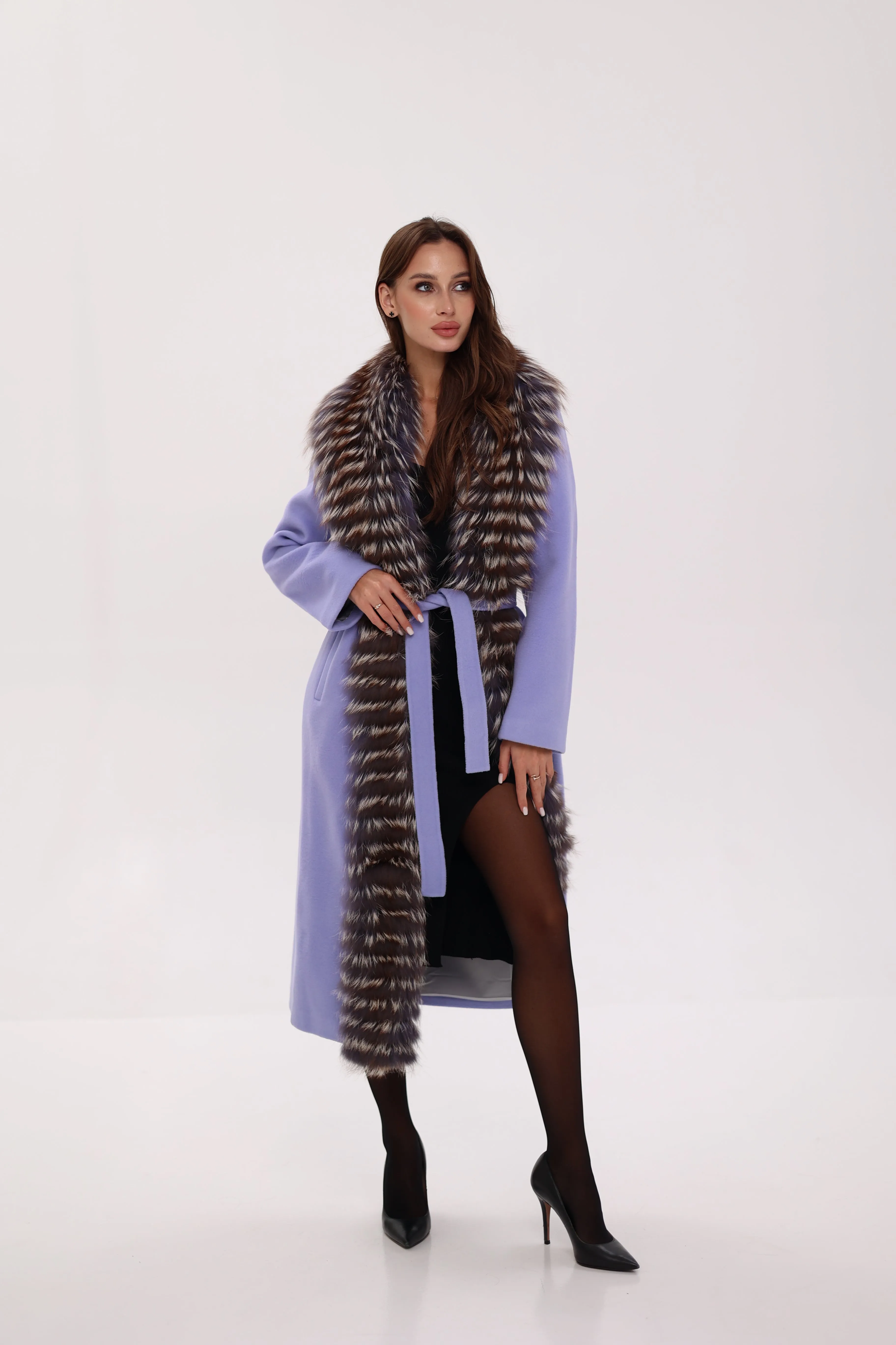 Genuine Silver Fox Virgin Wool Wrap Coat in Lavender