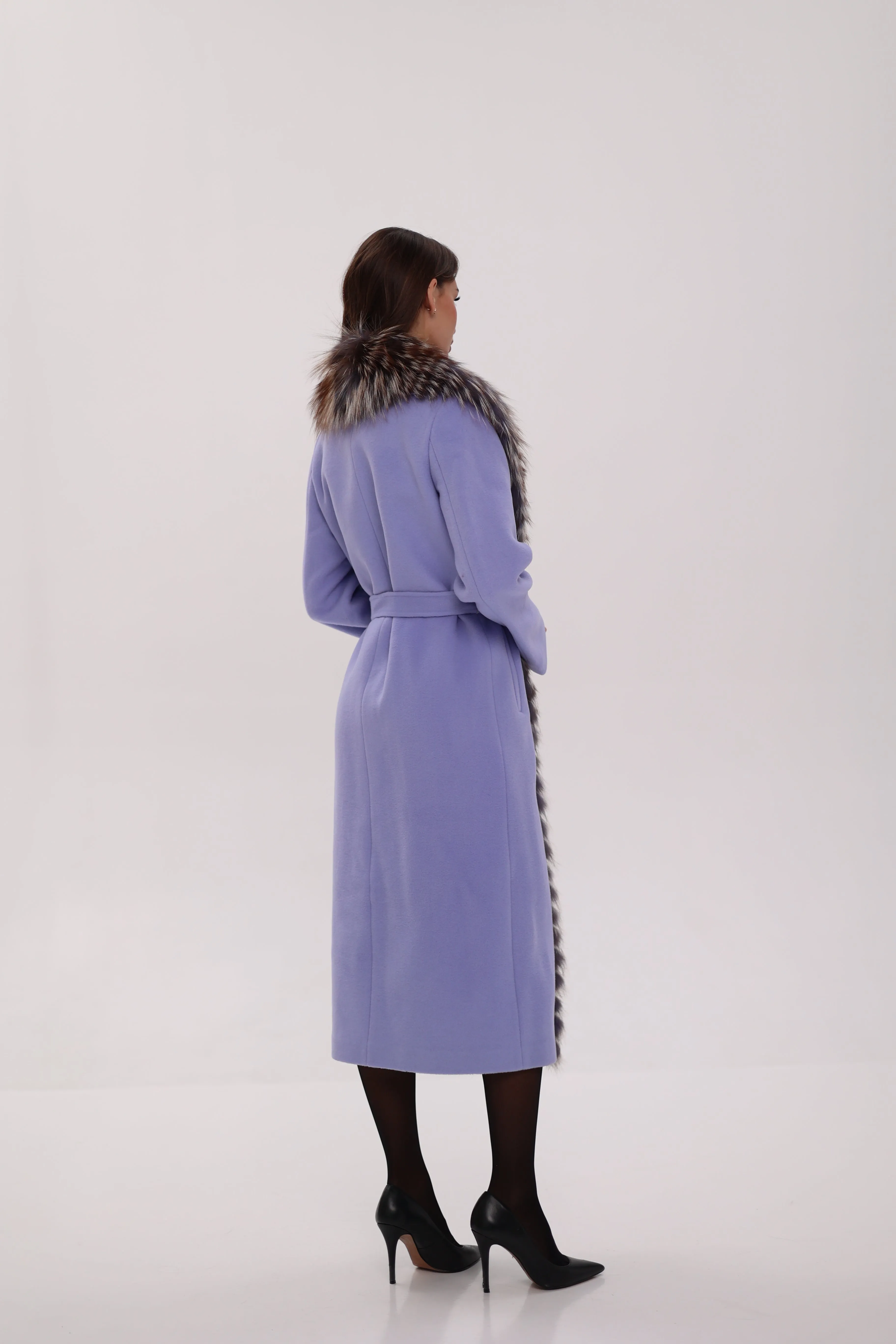 Genuine Silver Fox Virgin Wool Wrap Coat in Lavender