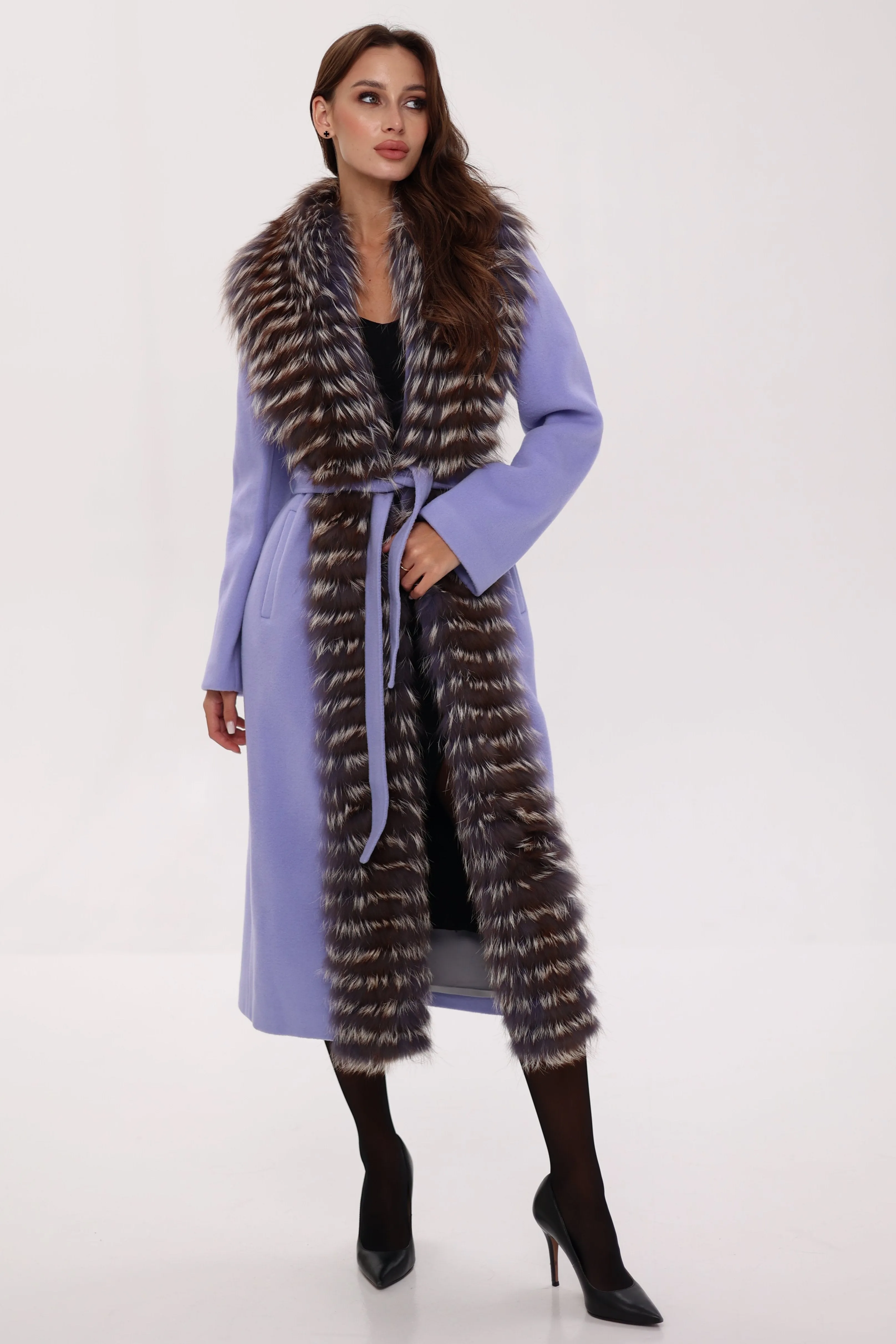 Genuine Silver Fox Virgin Wool Wrap Coat in Lavender