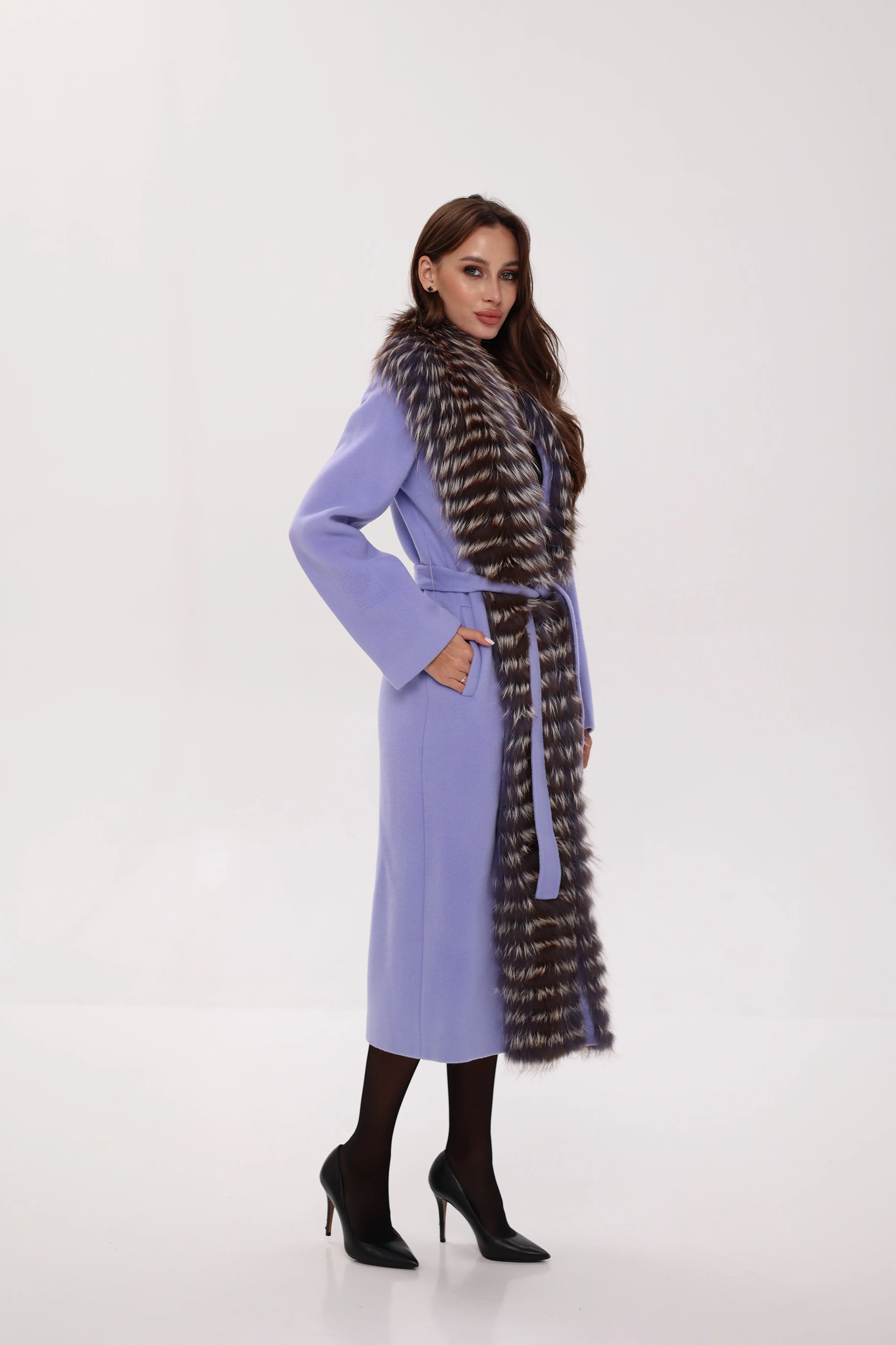 Genuine Silver Fox Virgin Wool Wrap Coat in Lavender