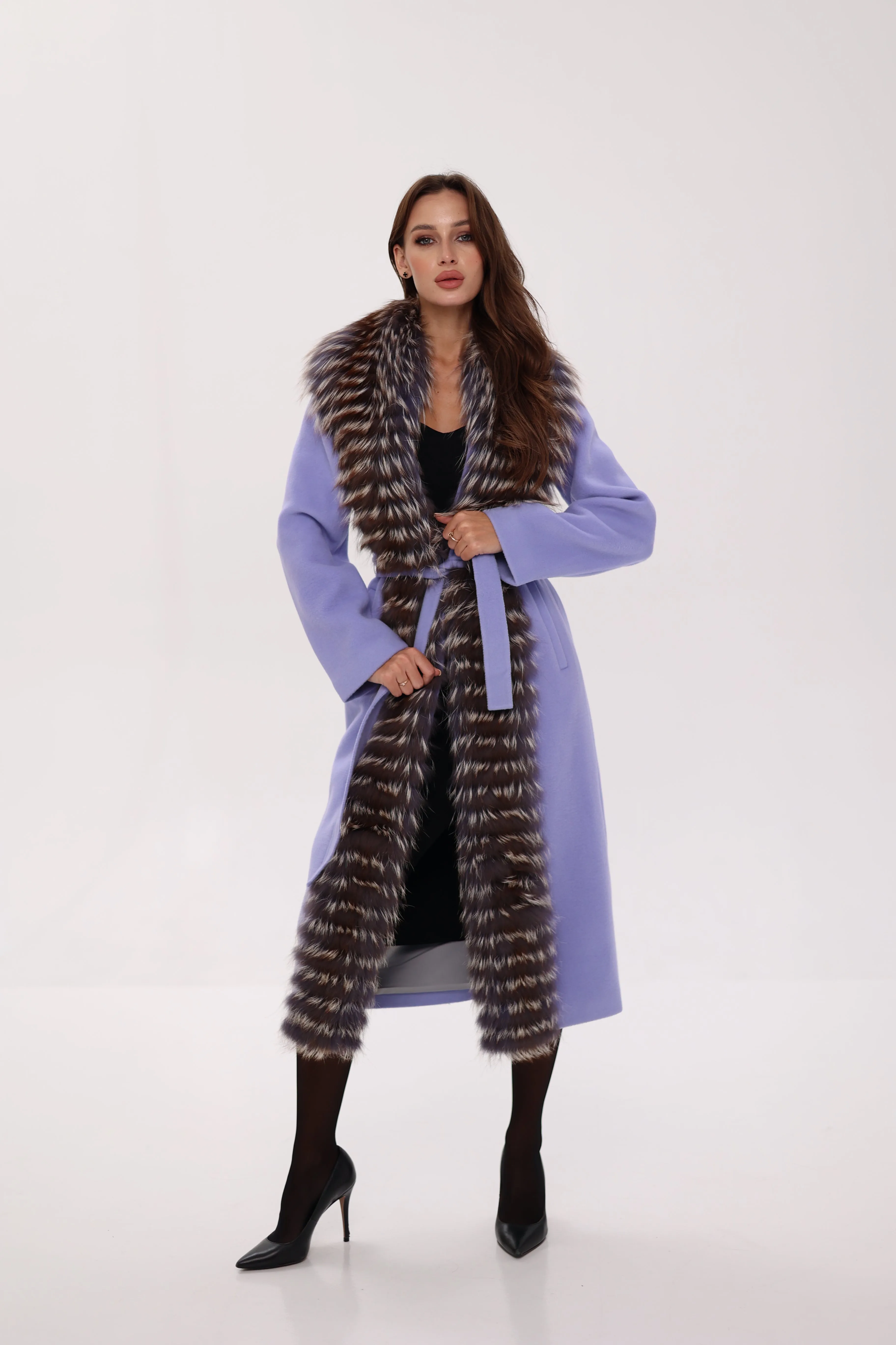 Genuine Silver Fox Virgin Wool Wrap Coat in Lavender