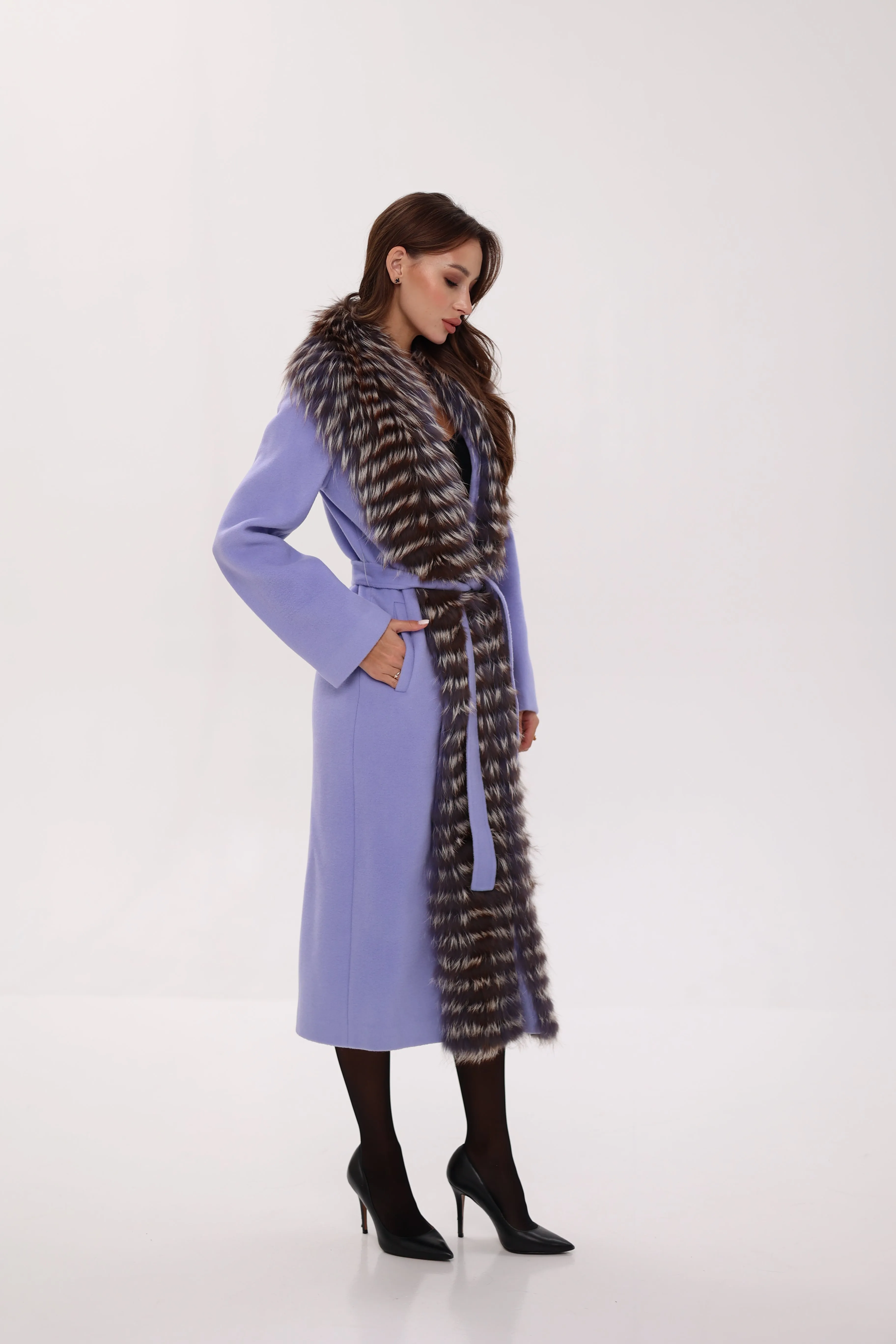 Genuine Silver Fox Virgin Wool Wrap Coat in Lavender