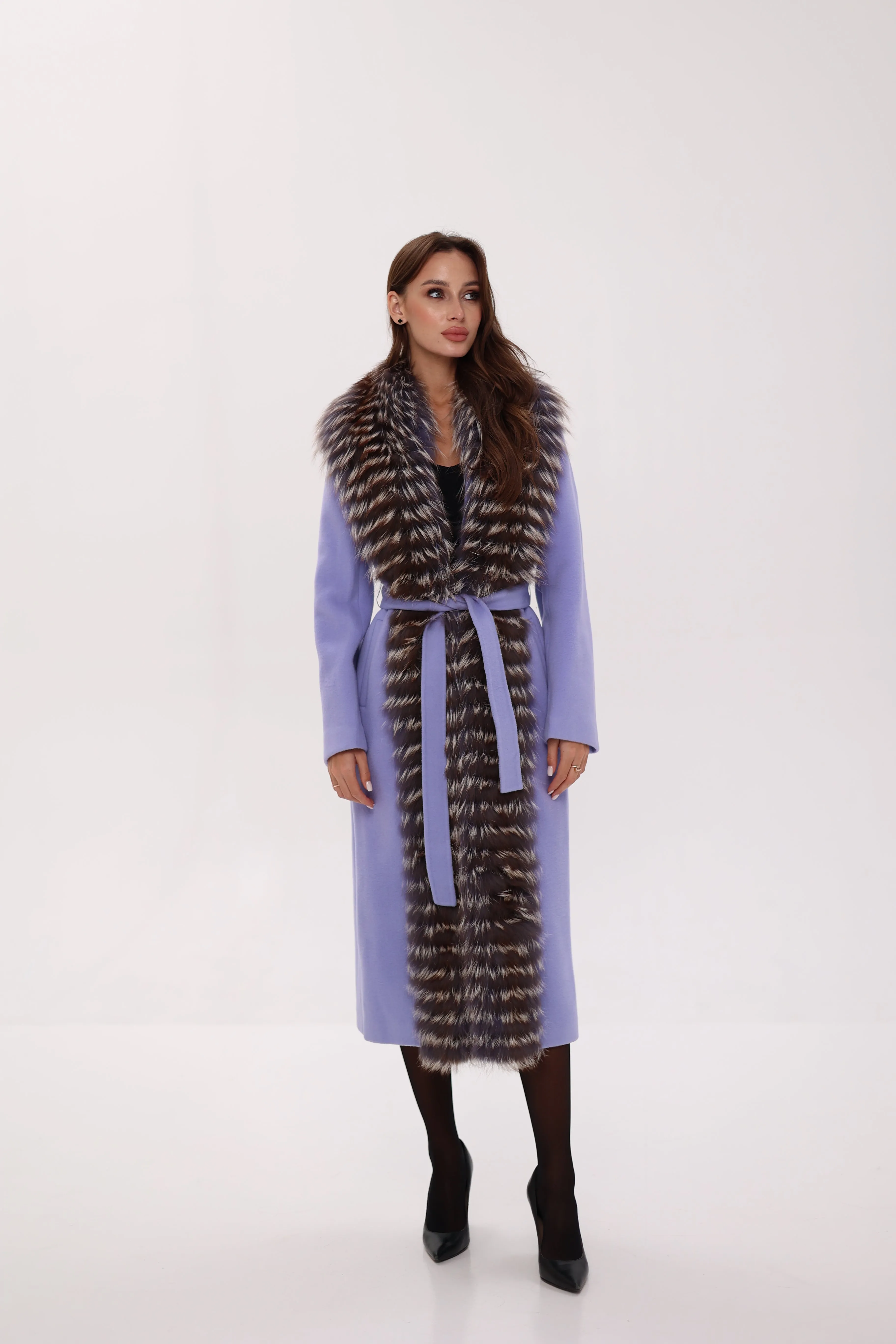 Genuine Silver Fox Virgin Wool Wrap Coat in Lavender