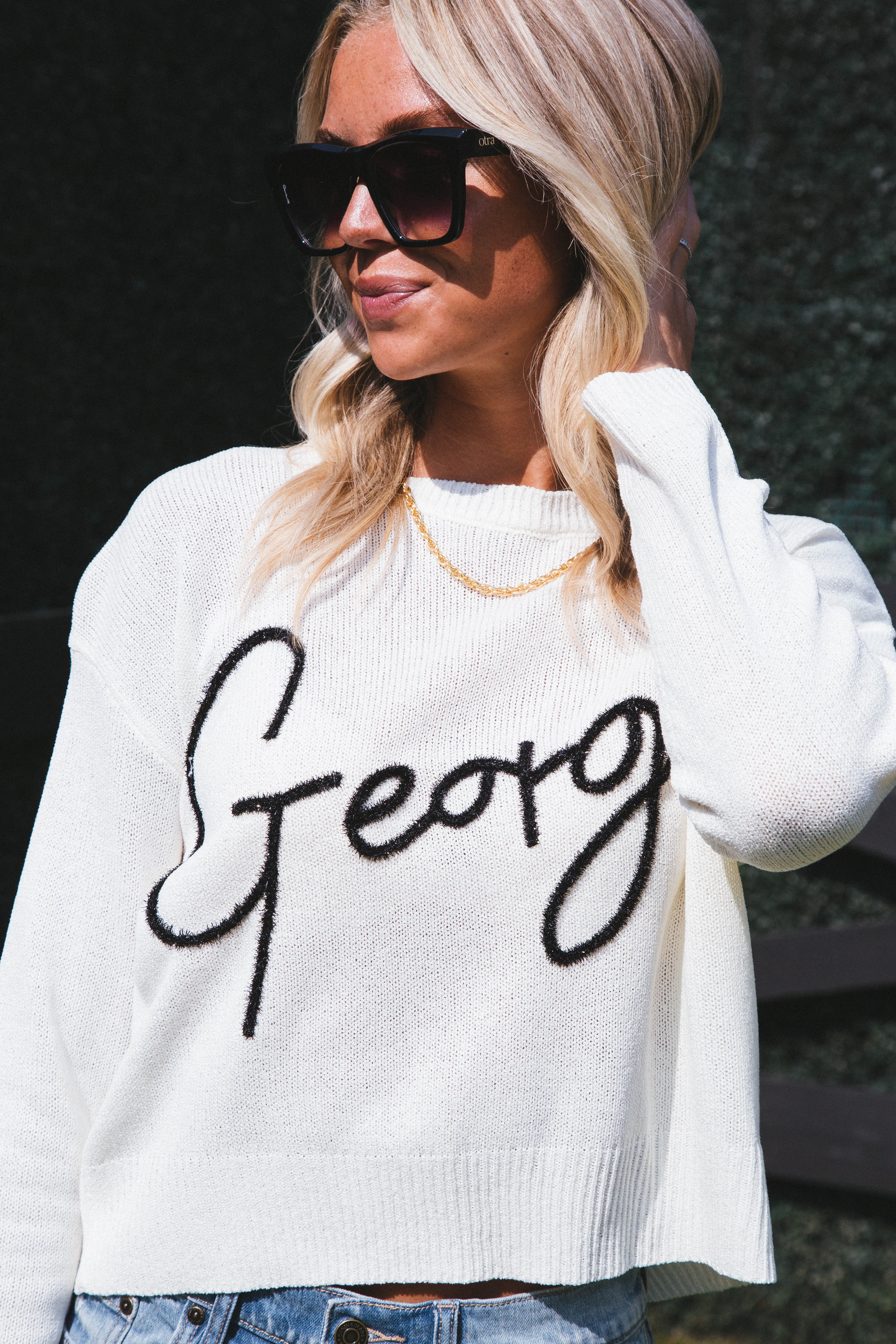 Georgia Script Sweater, White