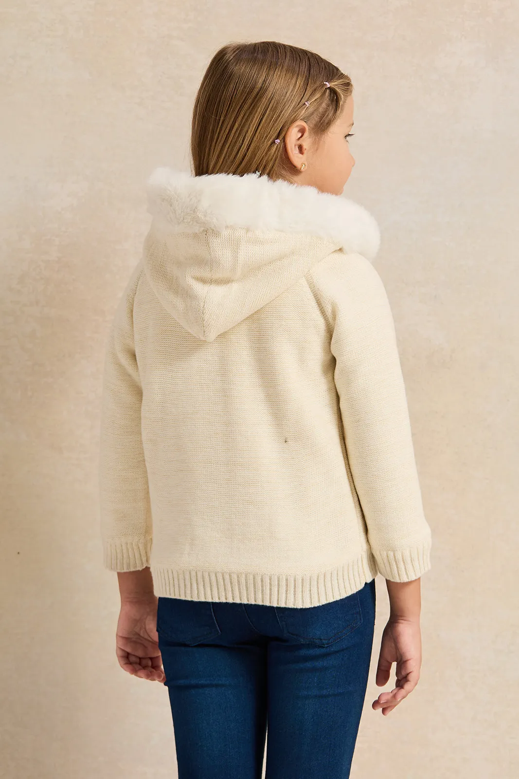 Girls White Zip Thru Cardigan With Sherpa Lining